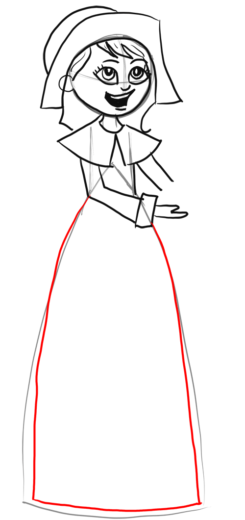 Now refine the shape of the pilgrim girl's dress.