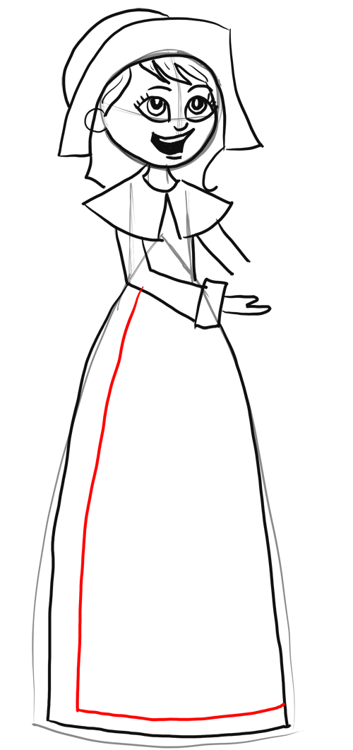 Now refine the shape of the pilgrim girl's dress.