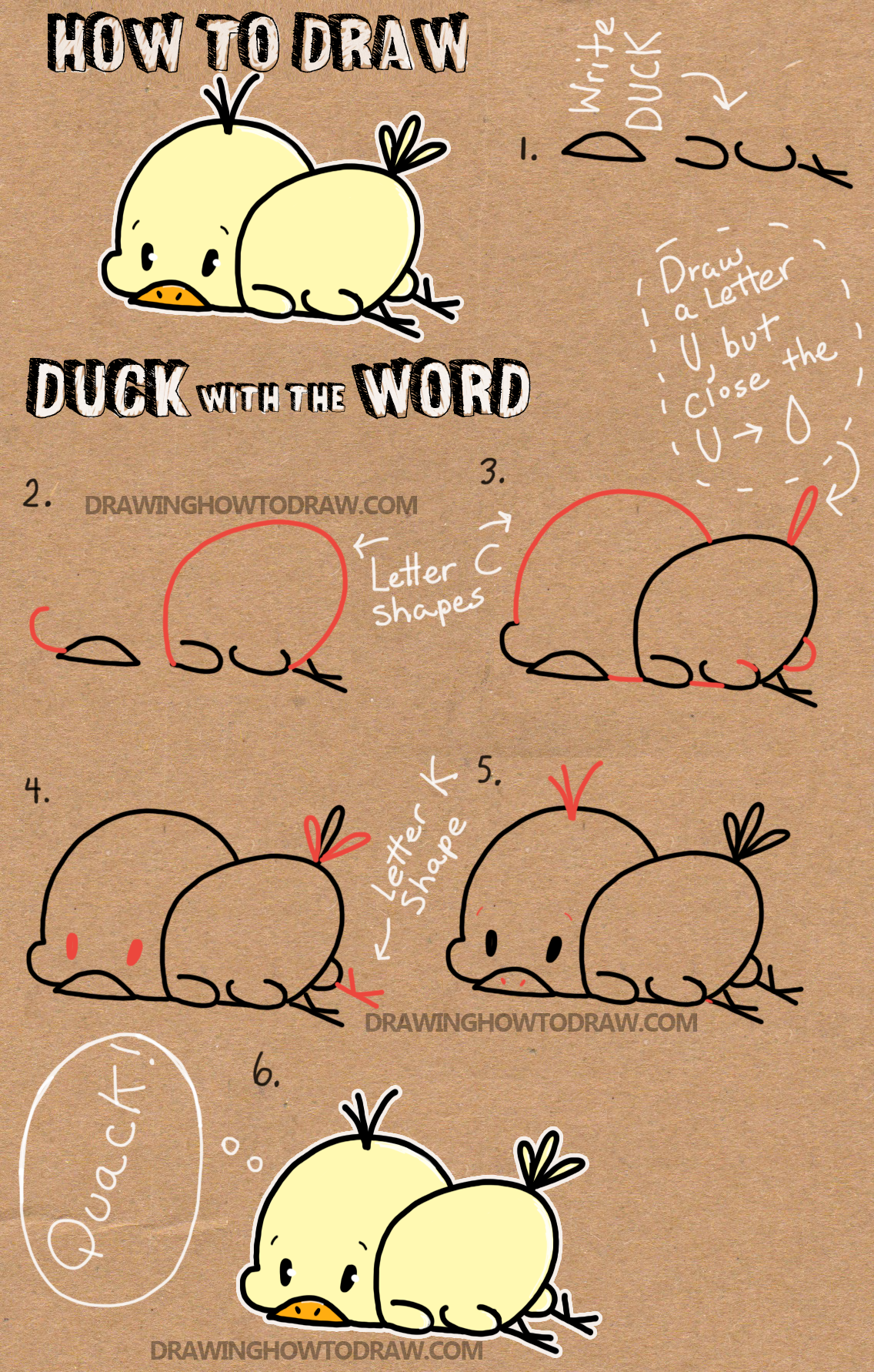 How To Draw Baby Cartoon Duck With The Word Duck Easy Tutorial For Kids 