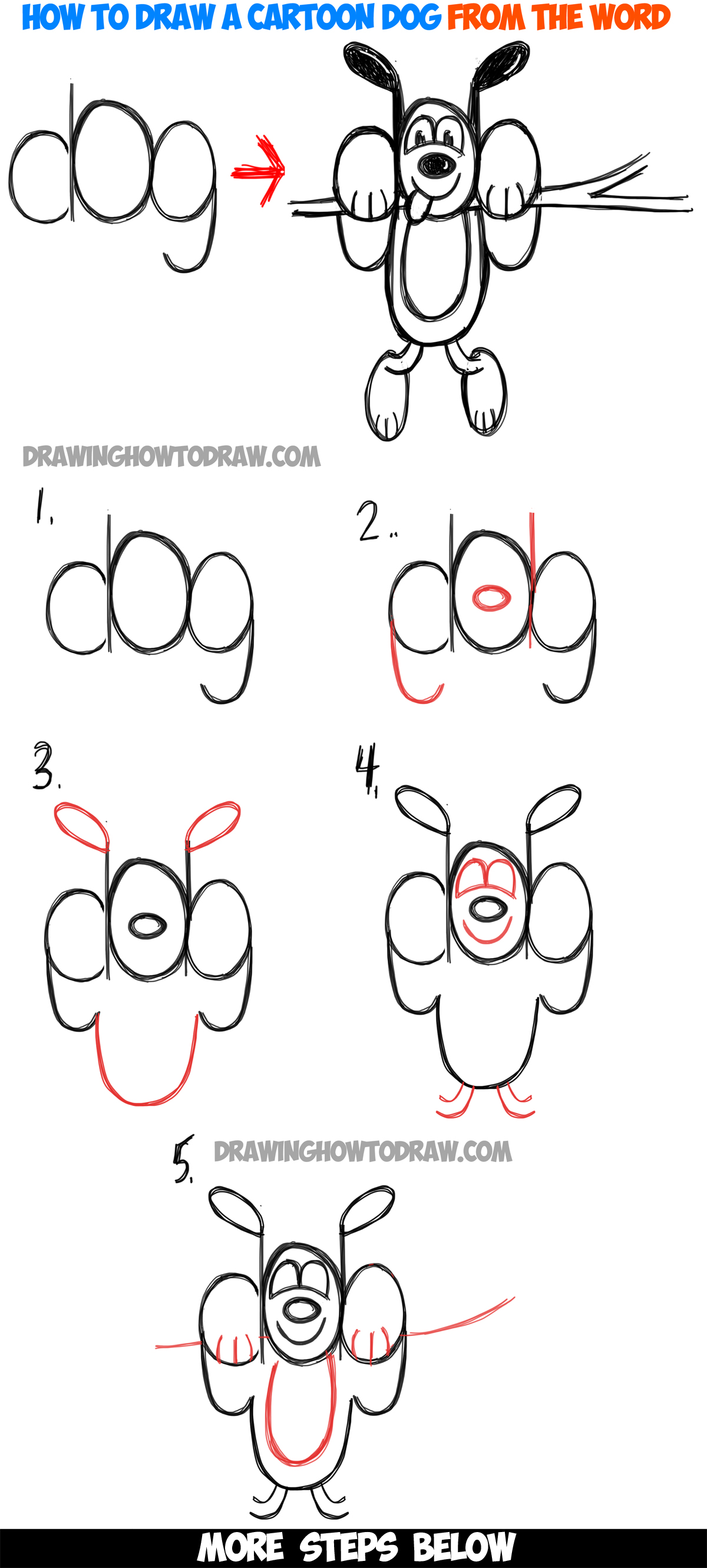 How to Draw A Cartoon Dog Hanging Out from the Word 'dog' Easy
