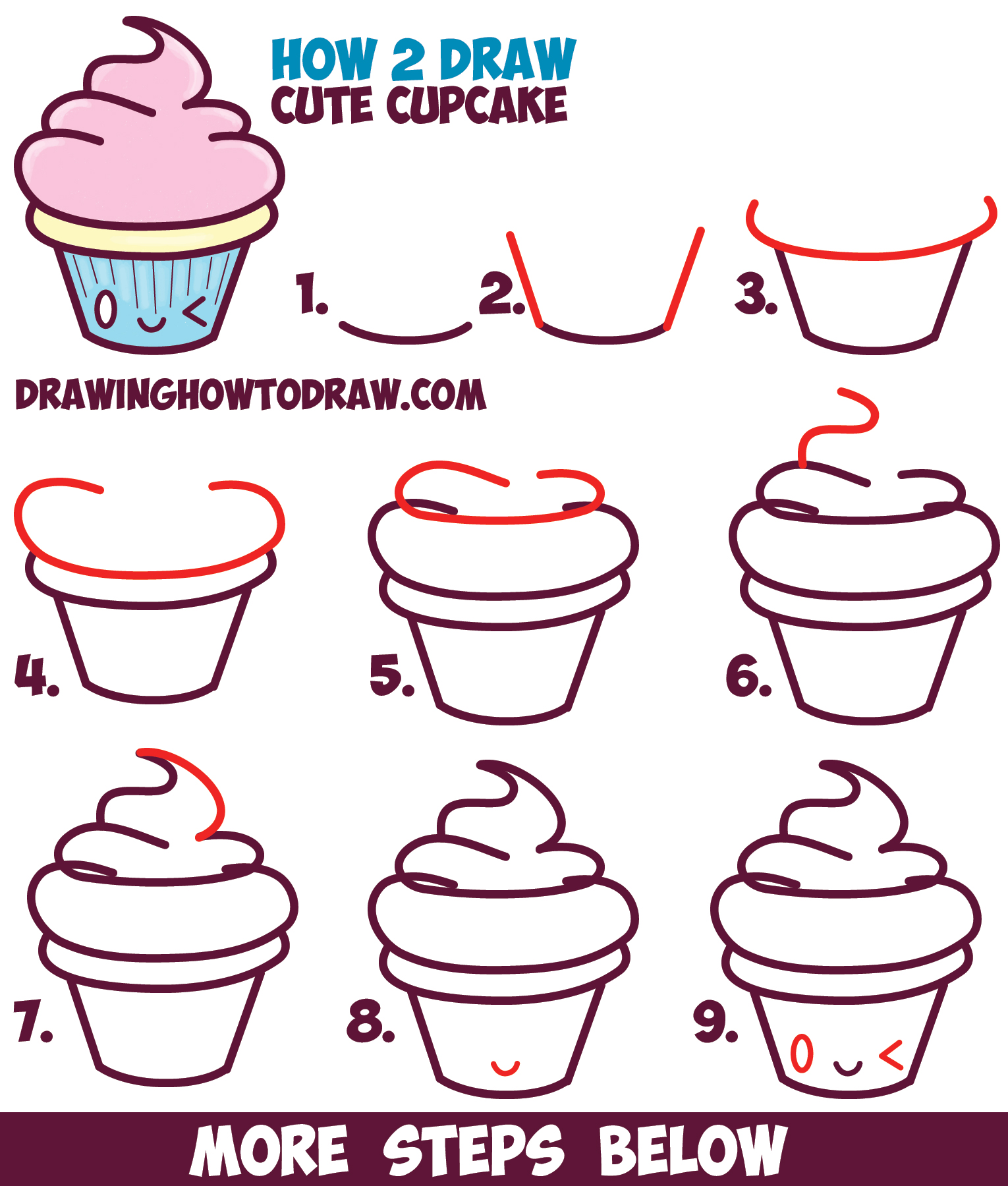 How to Draw Cute Kawaii Cupcake with Face on It Easy Step by Step