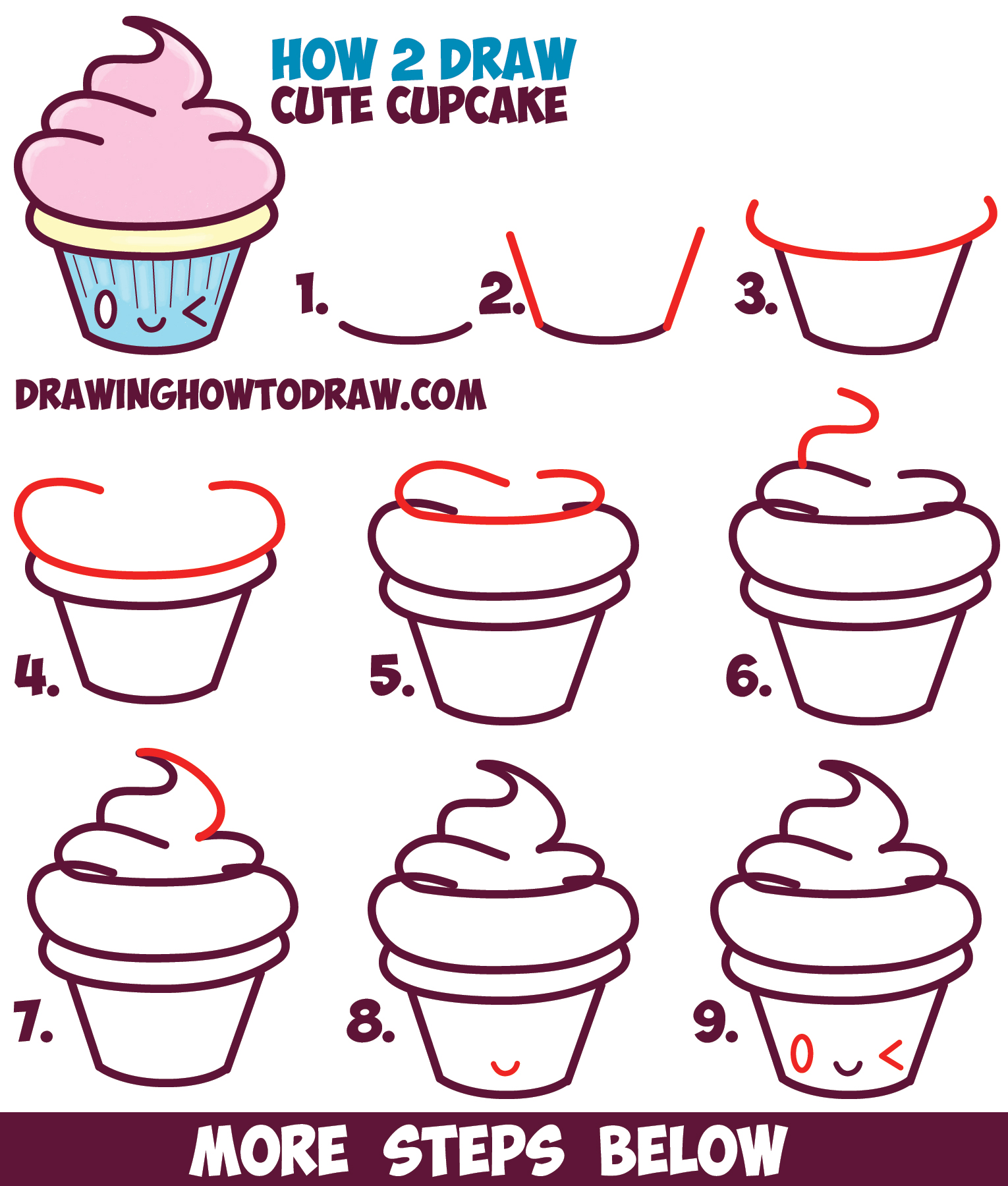 How To Draw Cute Kawaii Cupcake With Face On It Easy Step By Step 