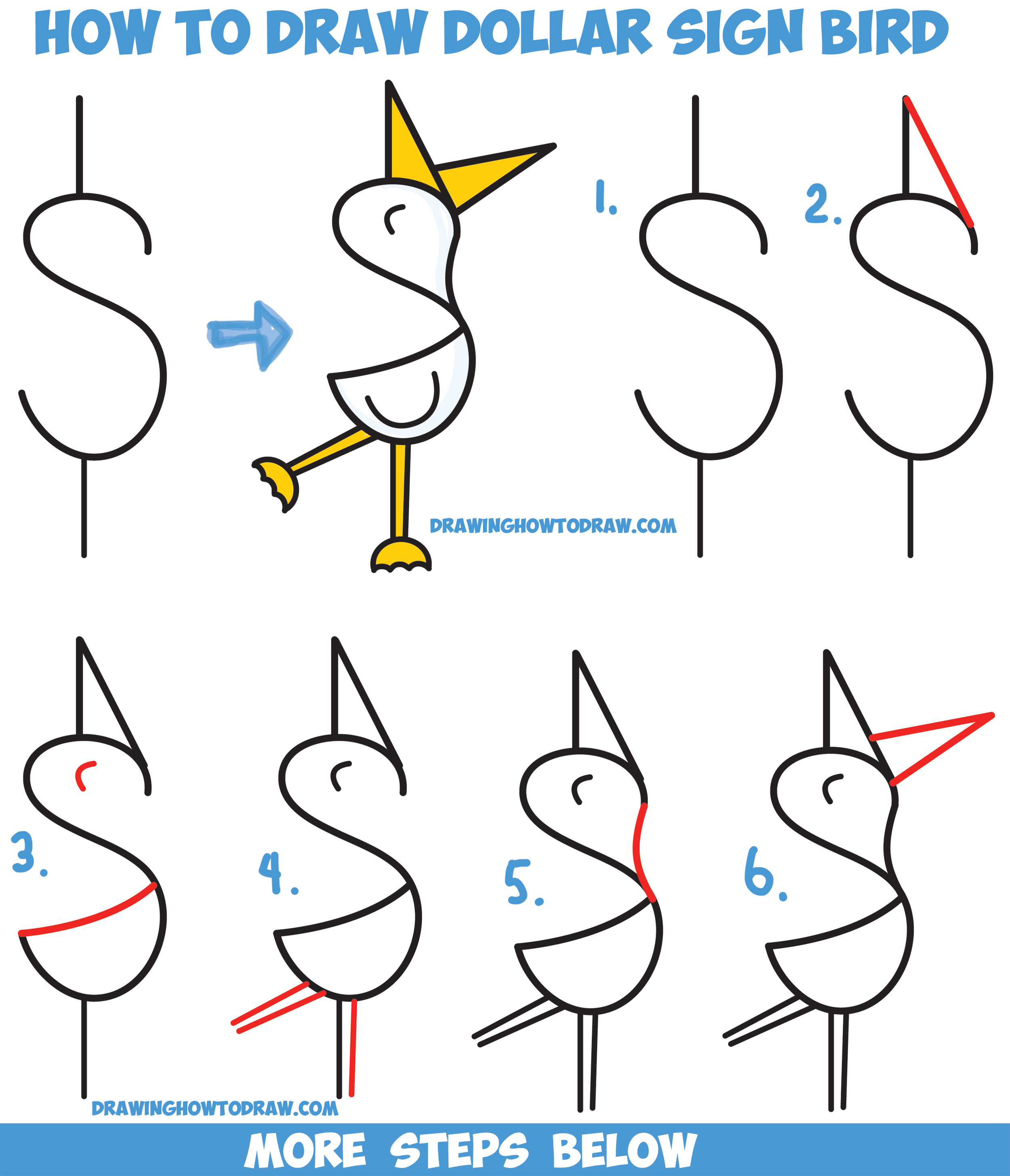 How to Draw a Cute Cartoon Bird / Duck from a Dollar Sign Easy Step