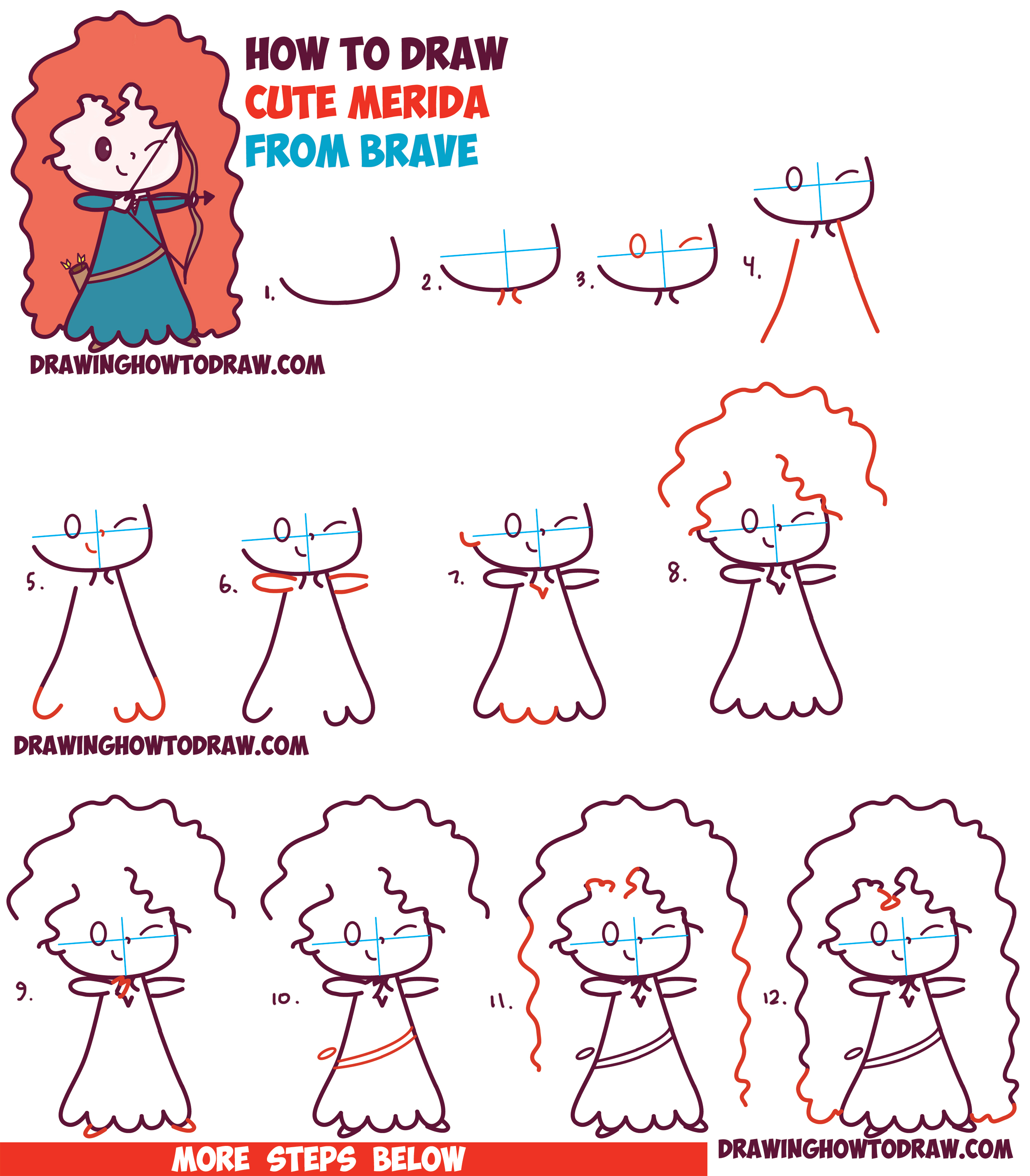 How to Draw Cute Kawaii Chibi Merida from Disney Pixar's Brave in Easy