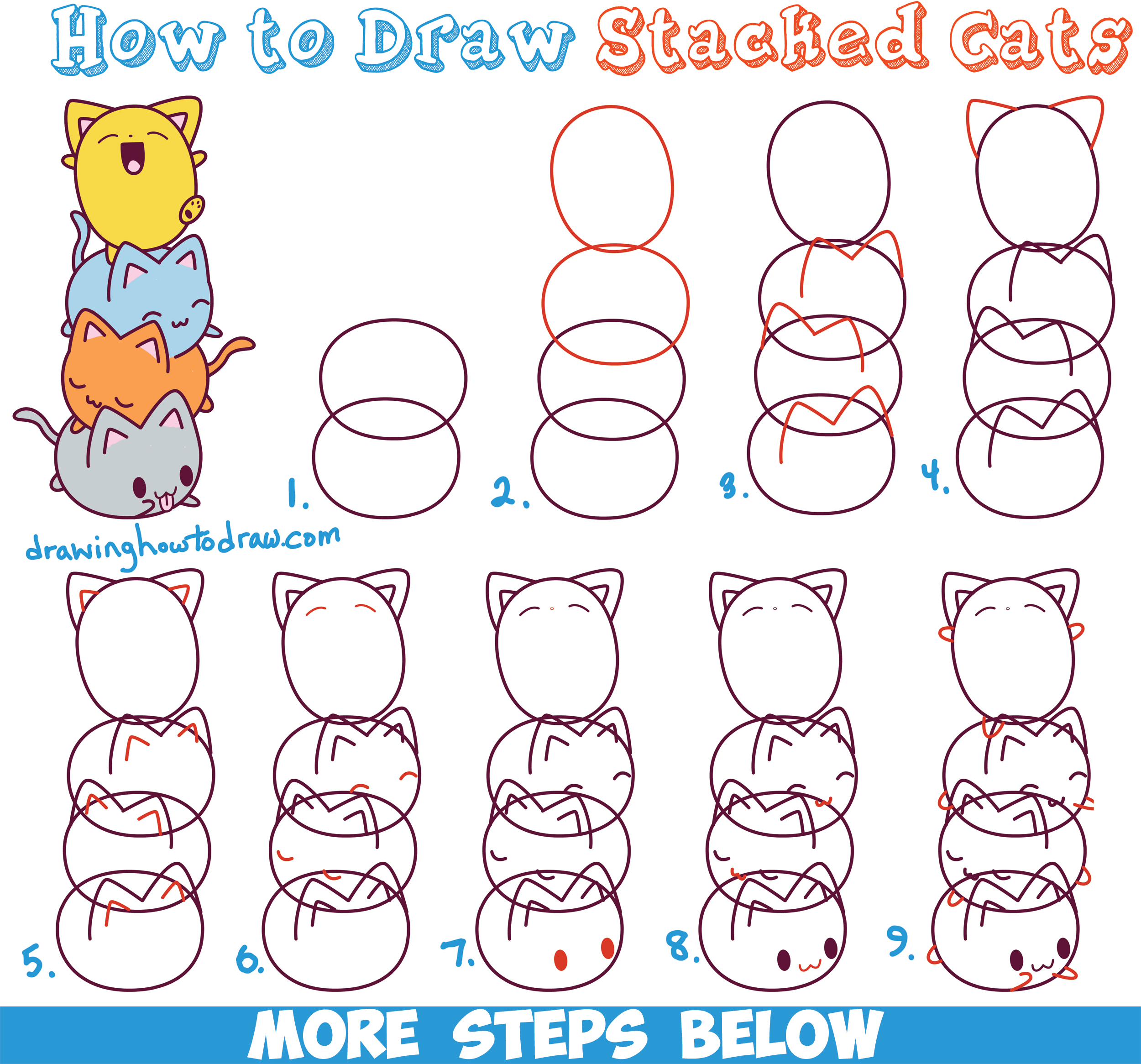 How to Draw Cute Kawaii Cats Stacked on Top of Each Other Easy Step