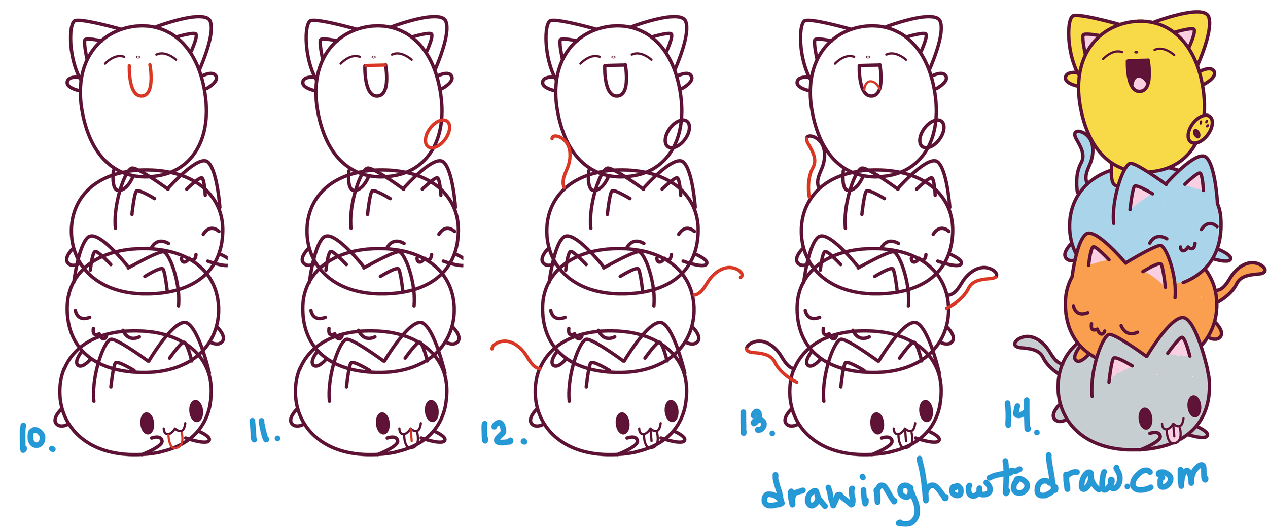 How to Draw Cute Kawaii Cats Stacked on Top of Each Other - Easy Step