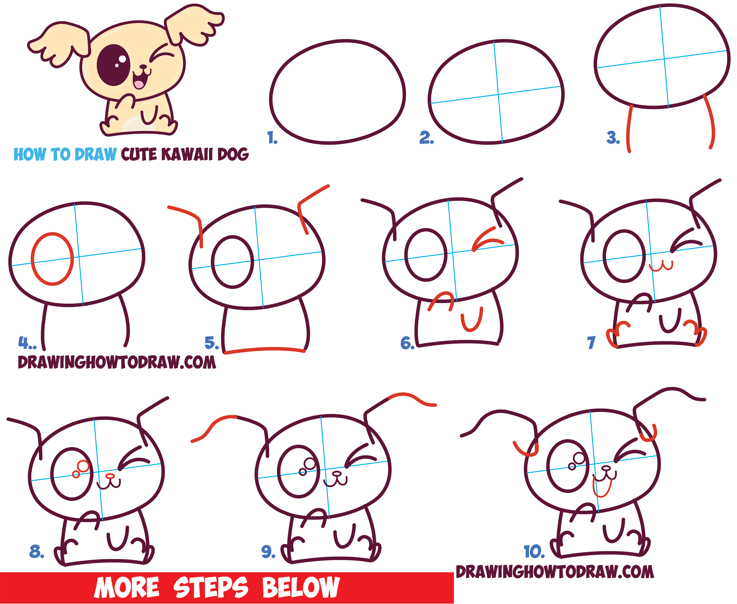 How to Draw Cute Kawaii / Chibi Puppy Dogs with Easy Step by Step