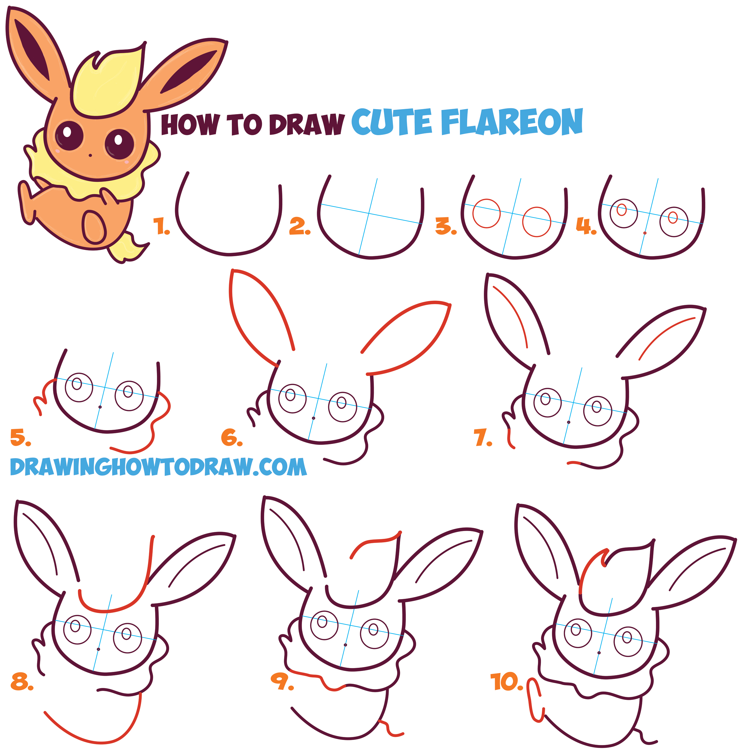 How to Draw Flareon in Cute / Kawaii / Chibi / Baby Style from Pokemon