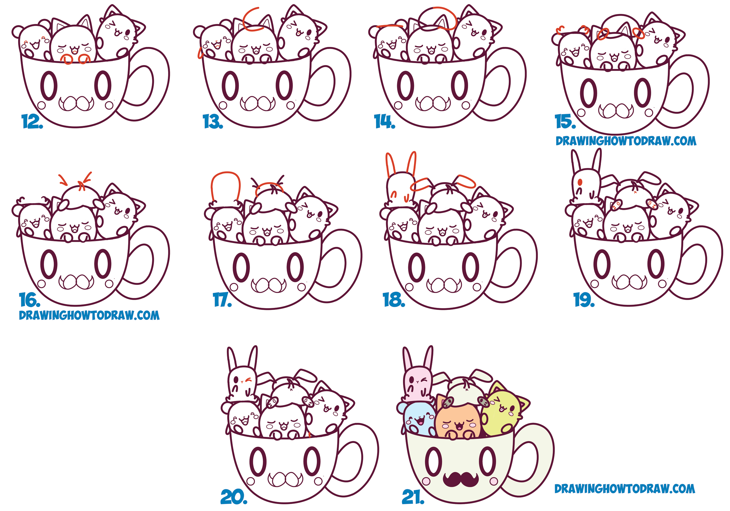 How To Draw Cute Kawaii Animals And Characters In A Coffee Cup Easy 