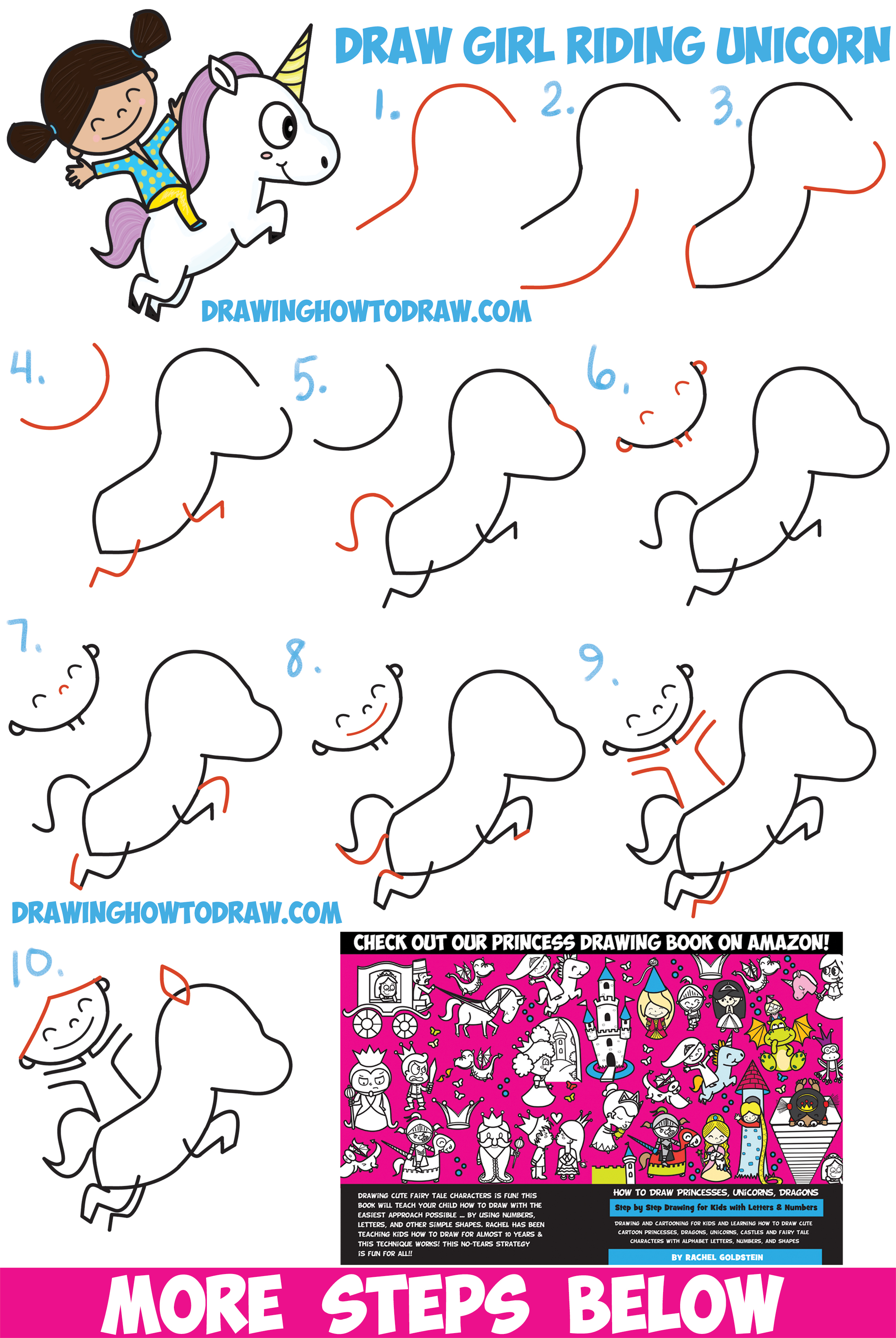 How to Draw a Cute Kawaii / Chibi Girl Riding a Unicorn in Easy Step by