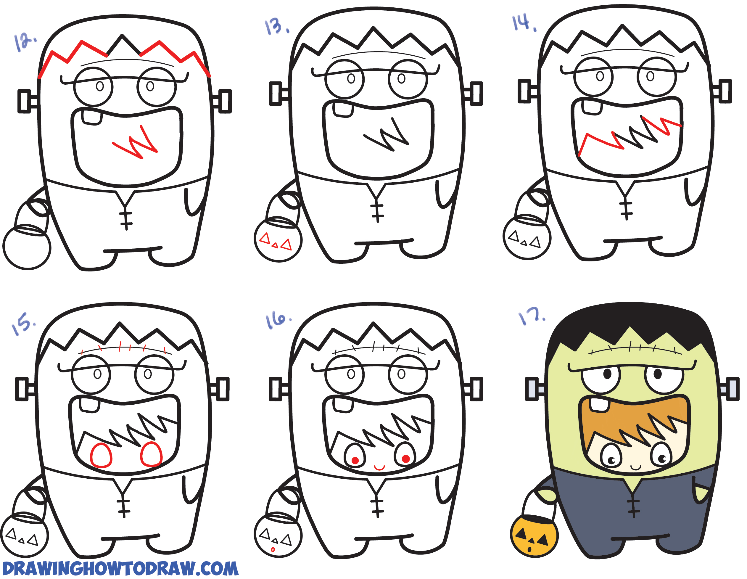 How To Draw A Kid In A Halloween Frankenstein Costume Cute Kawaii 