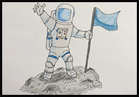 How to Draw an Astronaut with a Flag on Moon Surface Step by Step