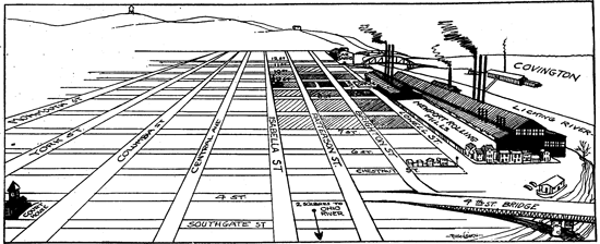 Map showing area involved in strike zone. Note the shaded portions to show area under machine gun fire.