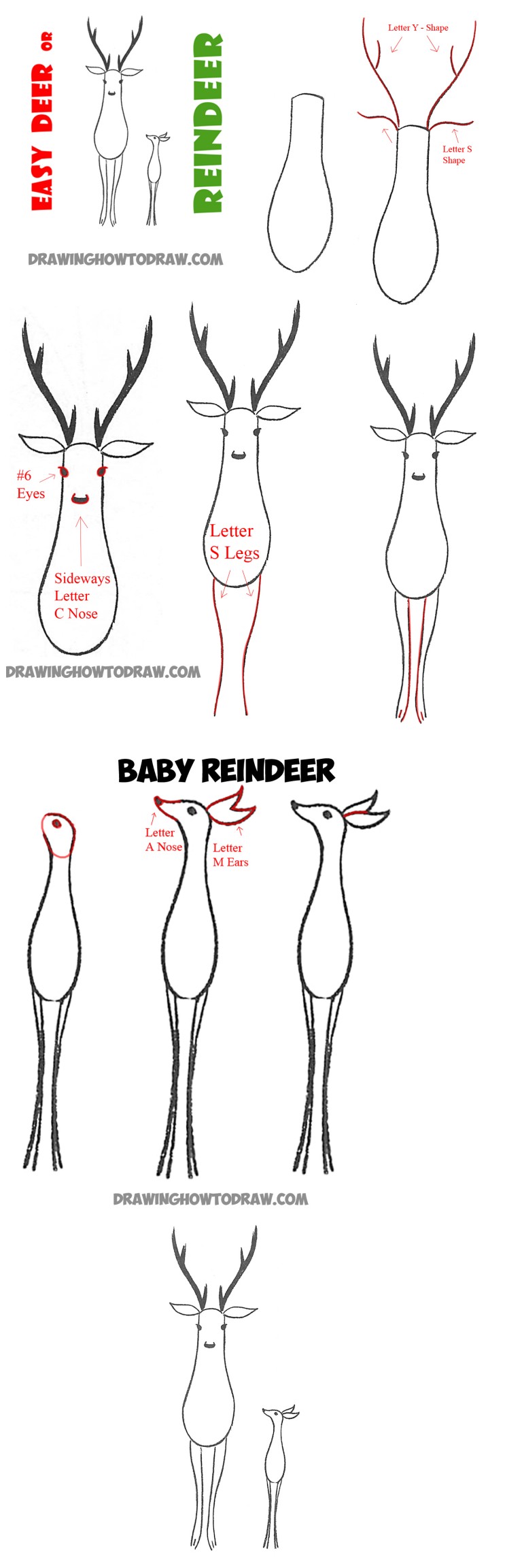 How to Draw Easy Reindeer or Deer for Preschoolers and Kids on