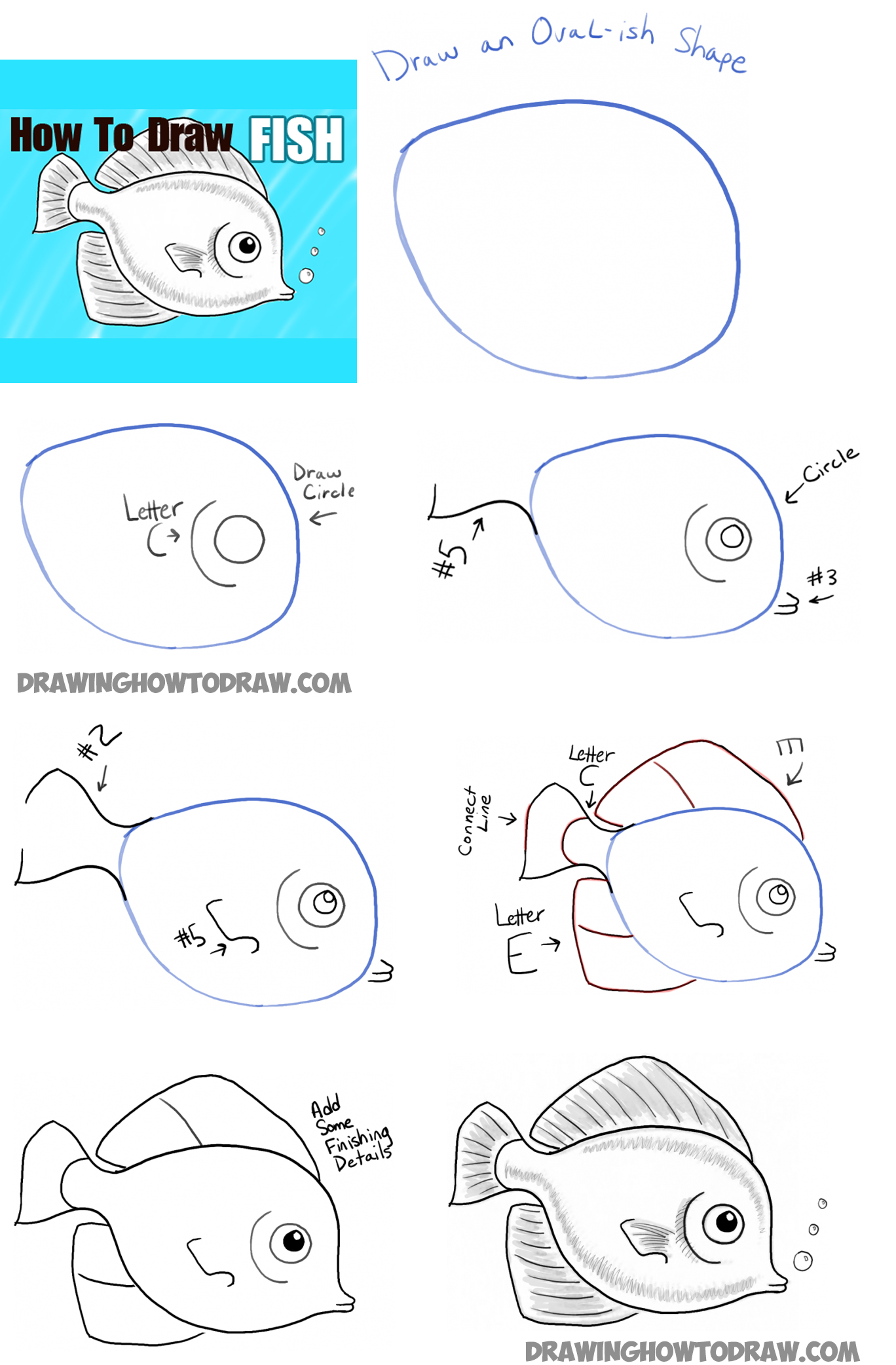 How to Draw a Fish. Geometric Shapes, Primary & Secondary Colors | Draw &  Learn with ABCDrawings.com