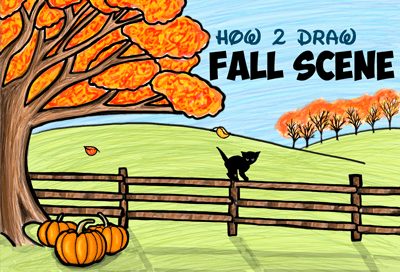 how to draw fall or autumn scene easy tutorial for children