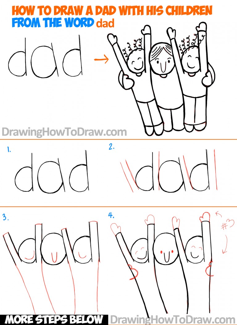 How to Draw a Cartoon Dad and Children from the Word Dad – Easy Word ...