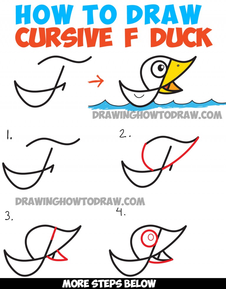 How to Draw Cartoon Duck on Water from Cursive Letter F – Drawing ...