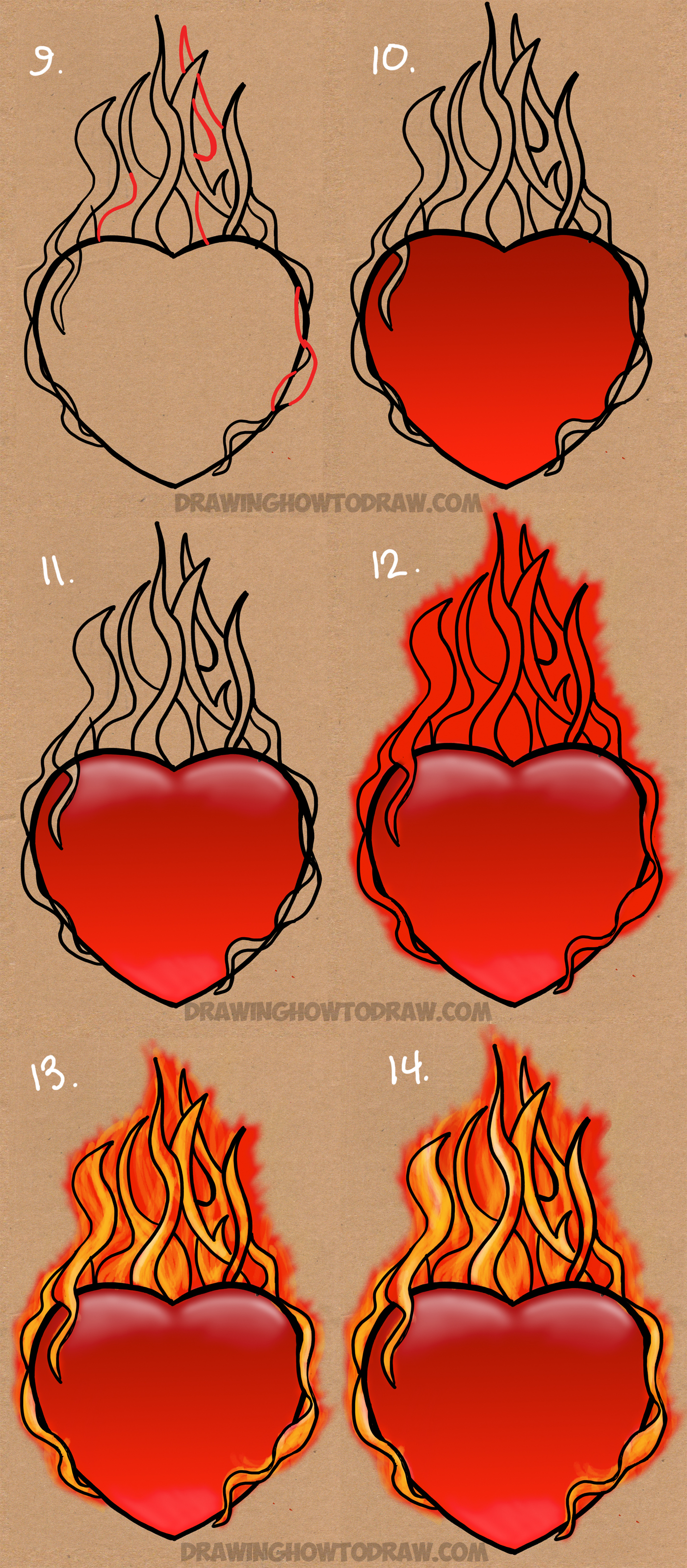 drawings of hearts with flames