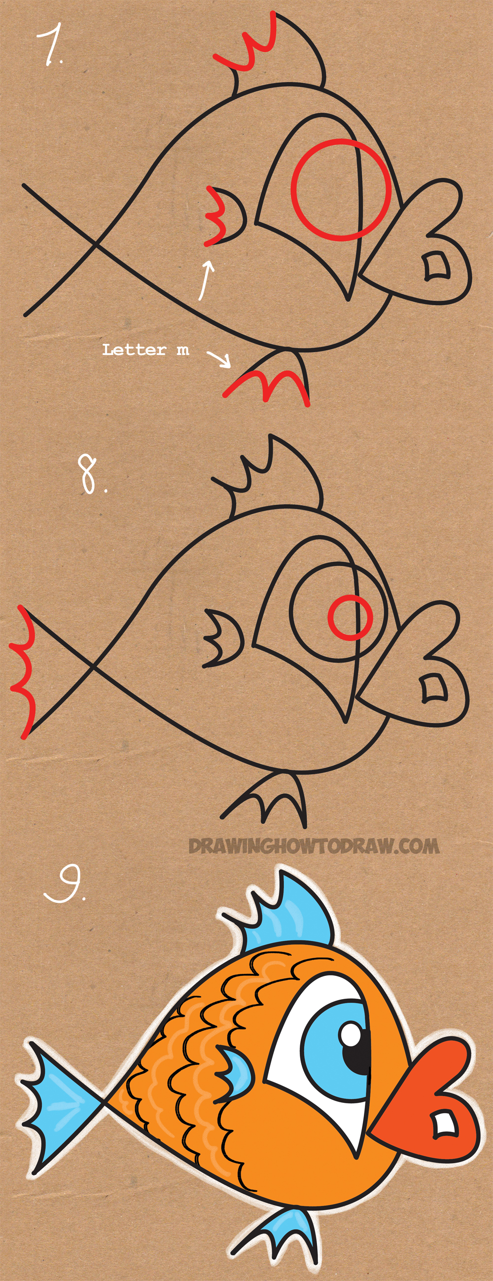 How To Draw A Cartoon Fish From The Number 13 Easy Tutorial For Kids How To Draw Step By Step Drawing Tutorials