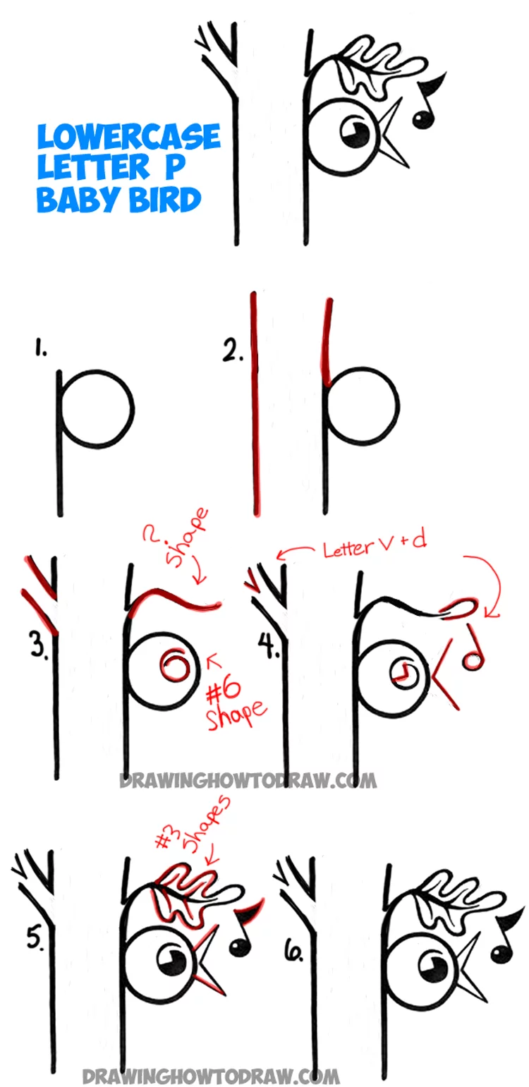 How To Draw Baby Bird Singing In Tree From The Letter P Easy Drawing Tutorial For Kids How To Draw Step By Step Drawing Tutorials