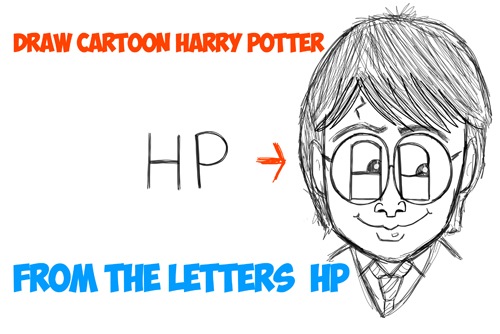 how to draw cartoon harry potter from the letters 'HP'