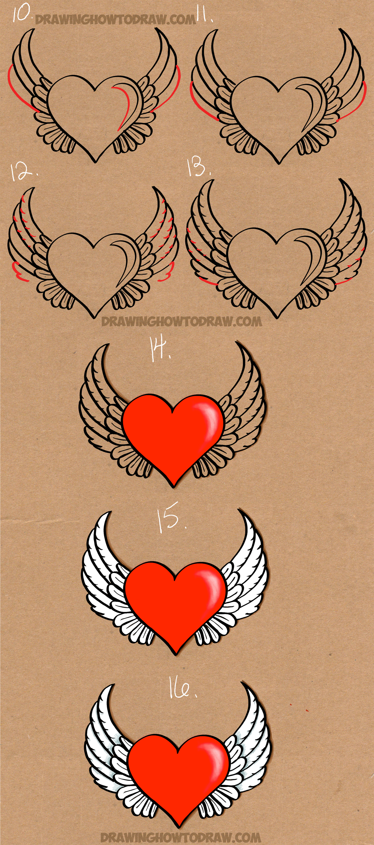 how to draw a heart with flames and wings