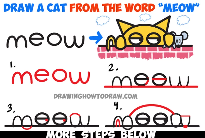 How To Draw Cartoon Cat Catching Mouse From The Word Meow How To Draw Step By Step Drawing Tutorials