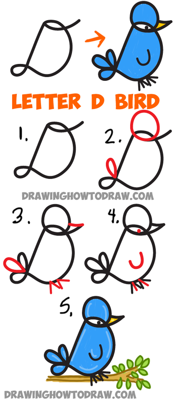How to Draw Cursive Uppercase Letter D Cartoon Bird Easy Step by Step