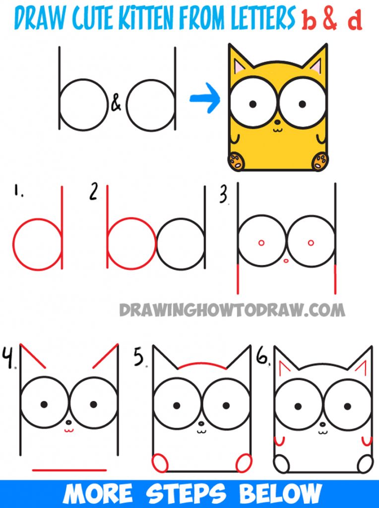 How to Draw Cartoon Baby Kitty Cat or Kitten from Letters Easy Step by