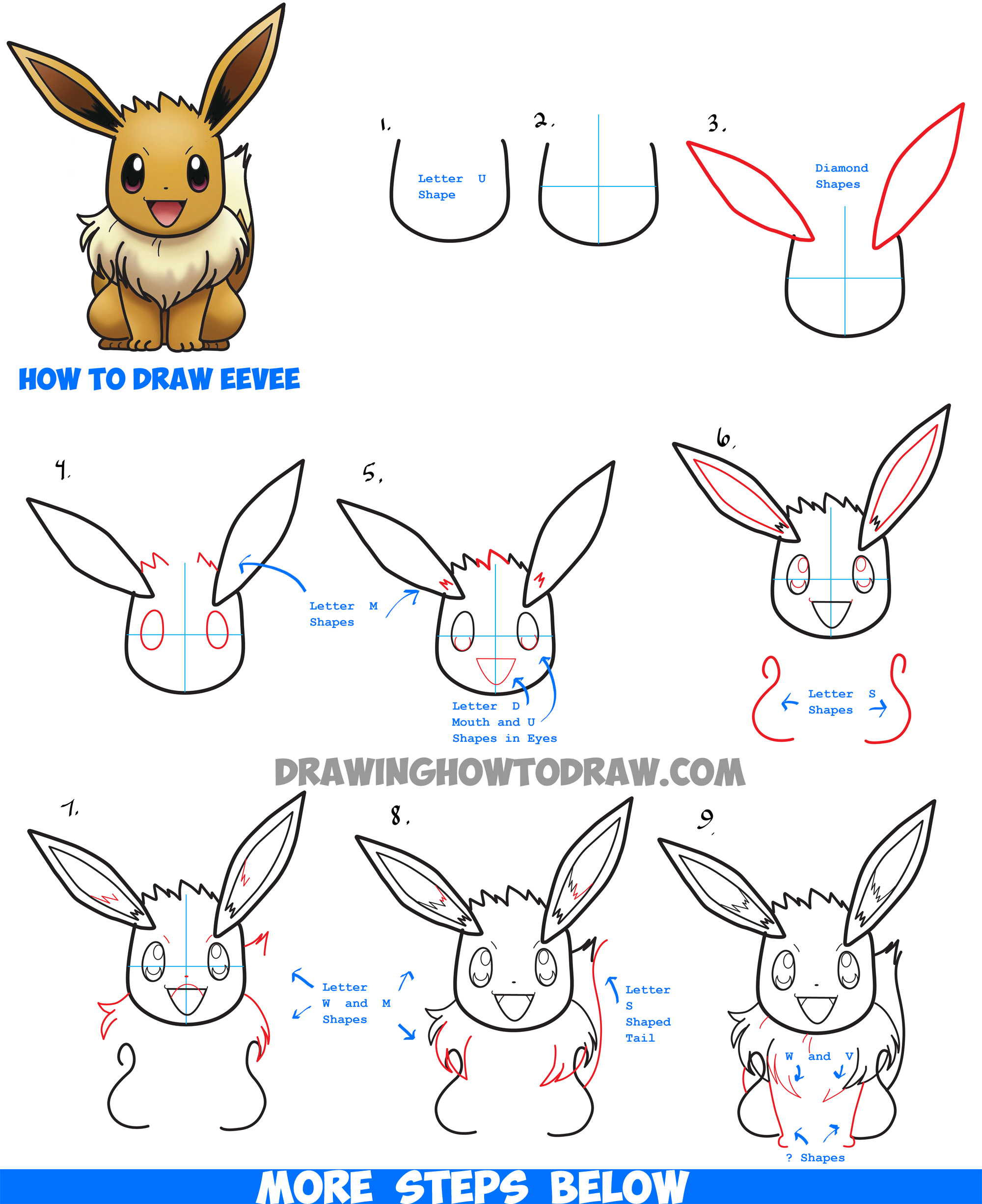 Learn How To Draw Eevee From Pokemon and Pokemon Go With Simple Steps Drawing Lesson