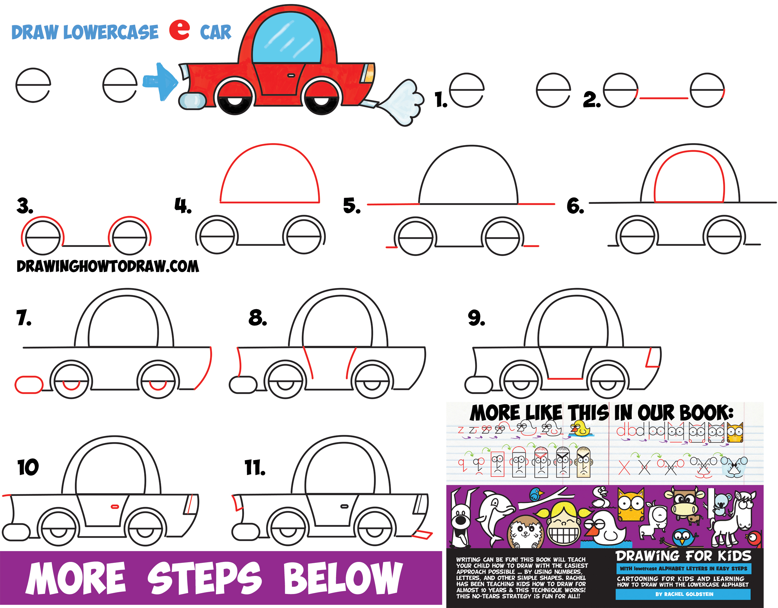 How to Draw a Cartoon Car from Lowercase Letter e Shapes – Easy Drawing  Tutorial for Kids