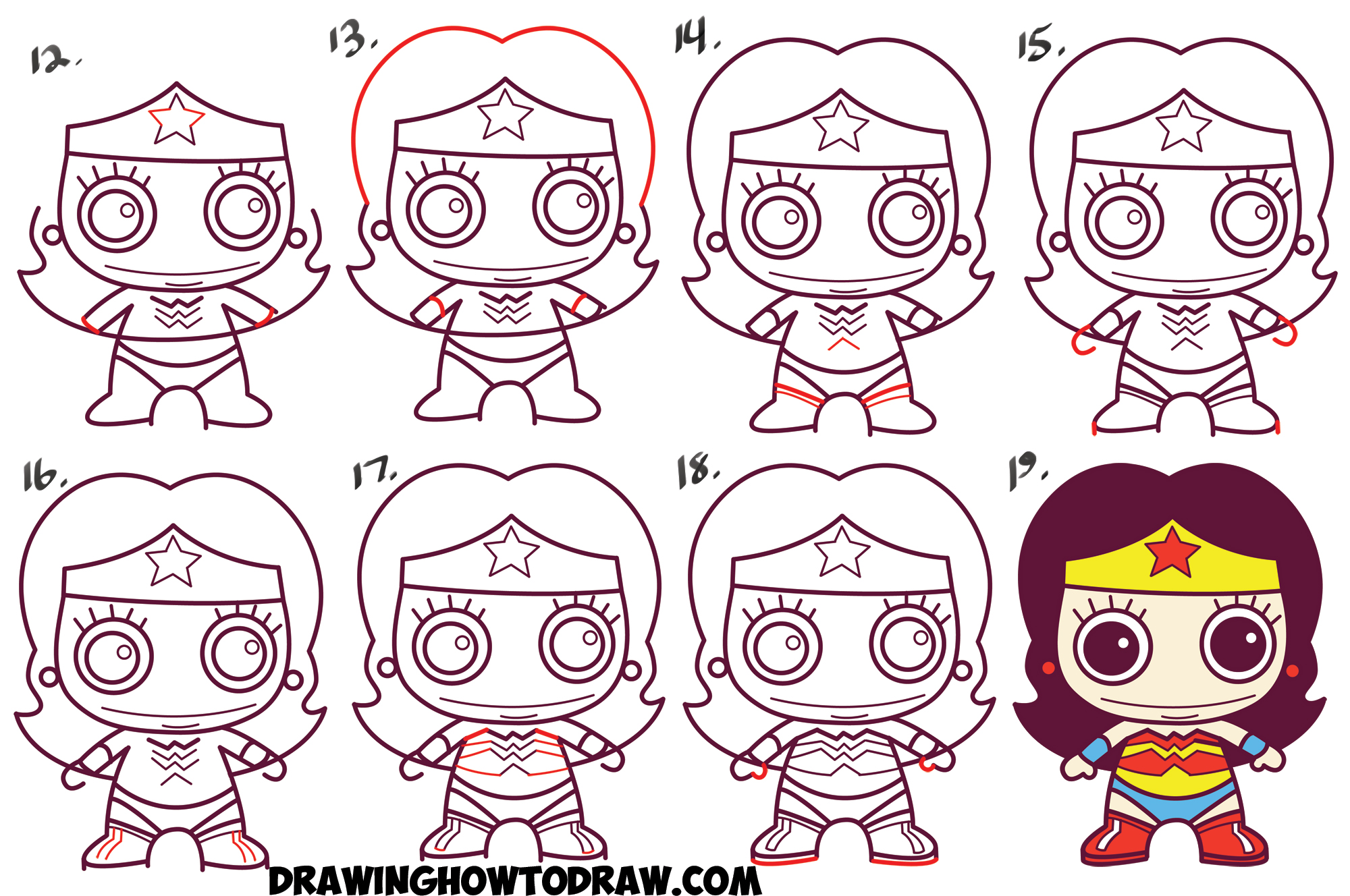 How To Draw Cute Chibi Wonder Woman From Dc Comics In Easy Step By Step Drawing Tutorial For