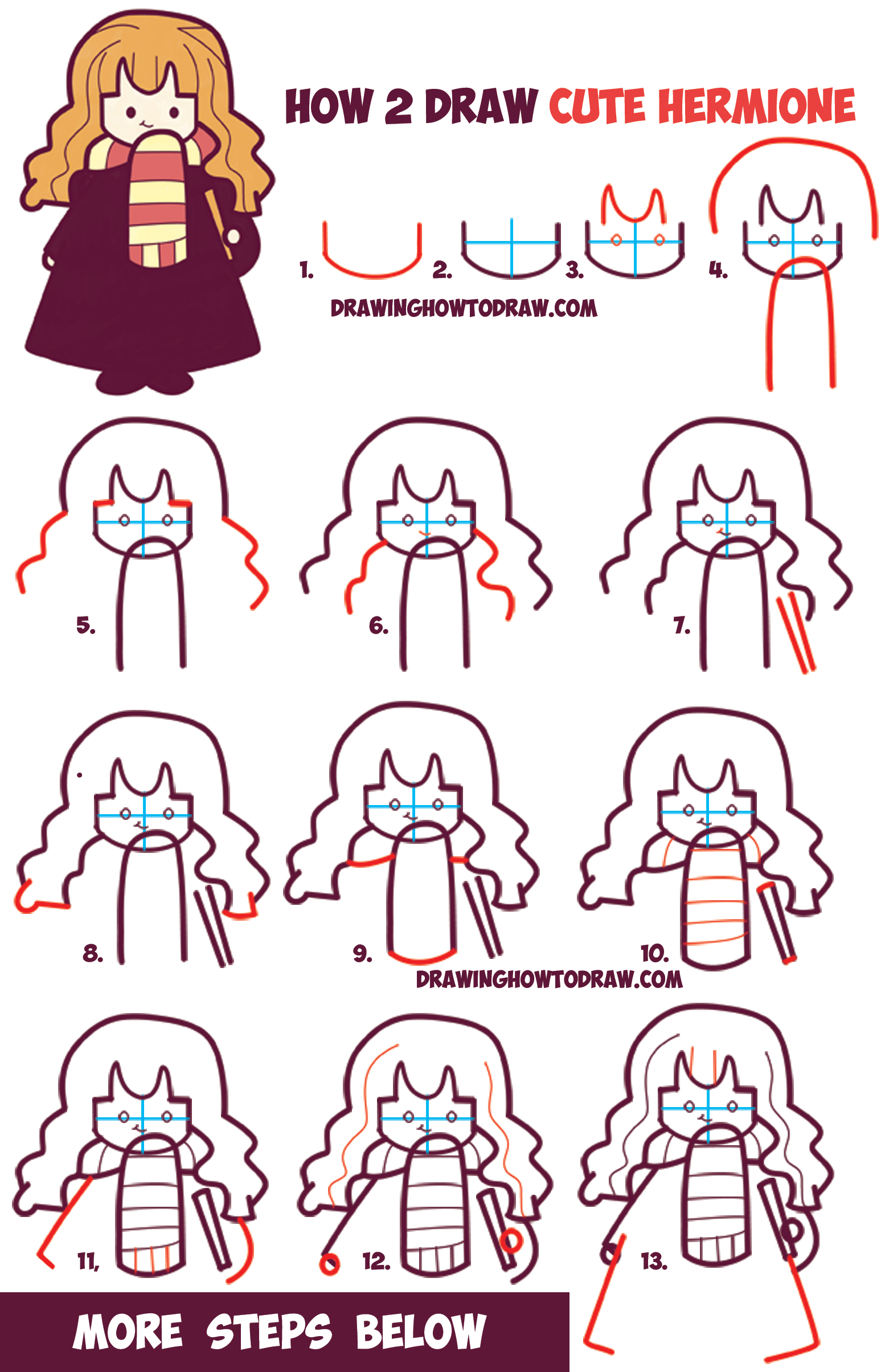 How to Draw Cute Hermione from Harry Potter (Chibi / Kawaii) Easy Steps
