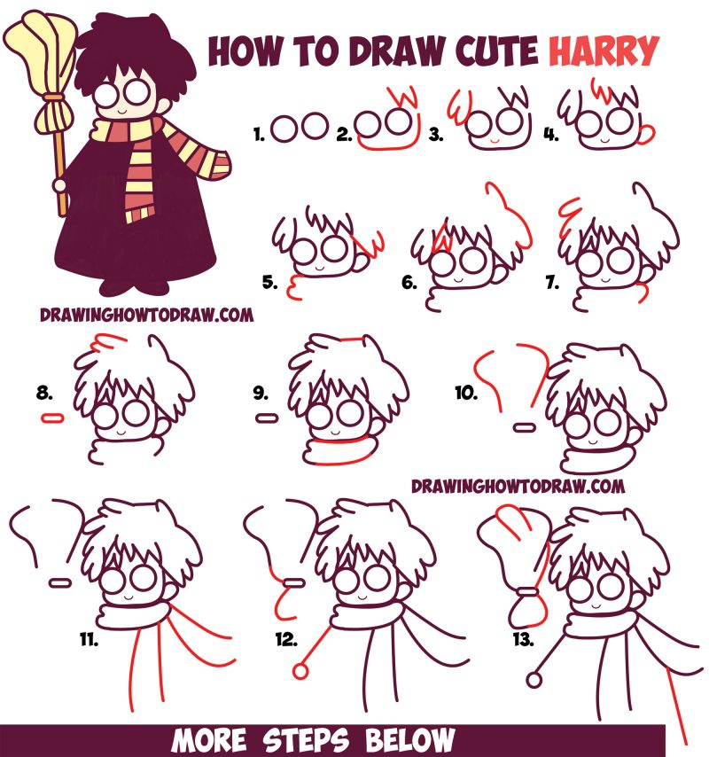 How to Draw Cute Harry Potter (Chibi / Kawaii) Easy Step by Step