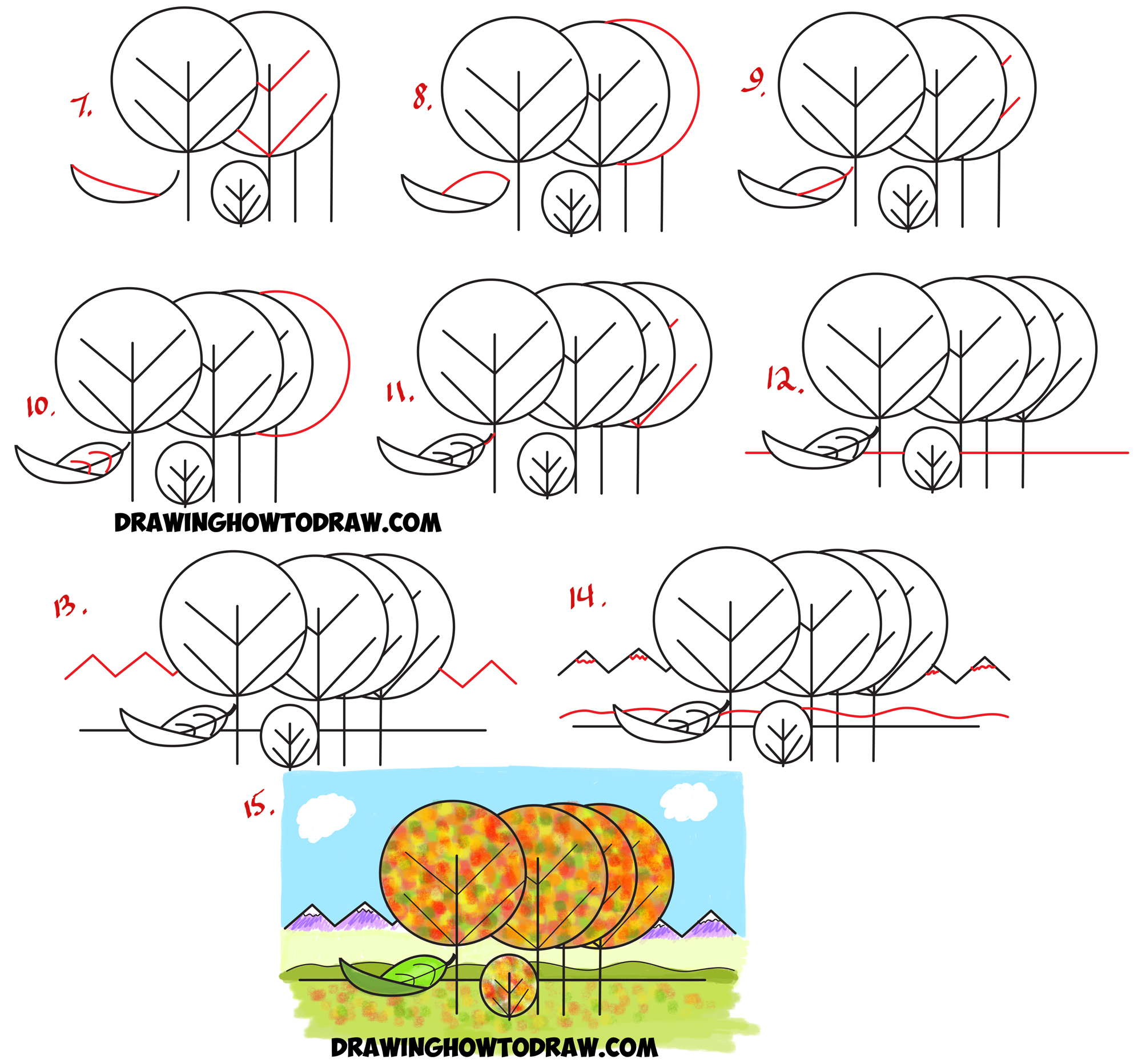 How to Draw Fall / Autumn Scene from the Word "Fall" Easy Cartoon