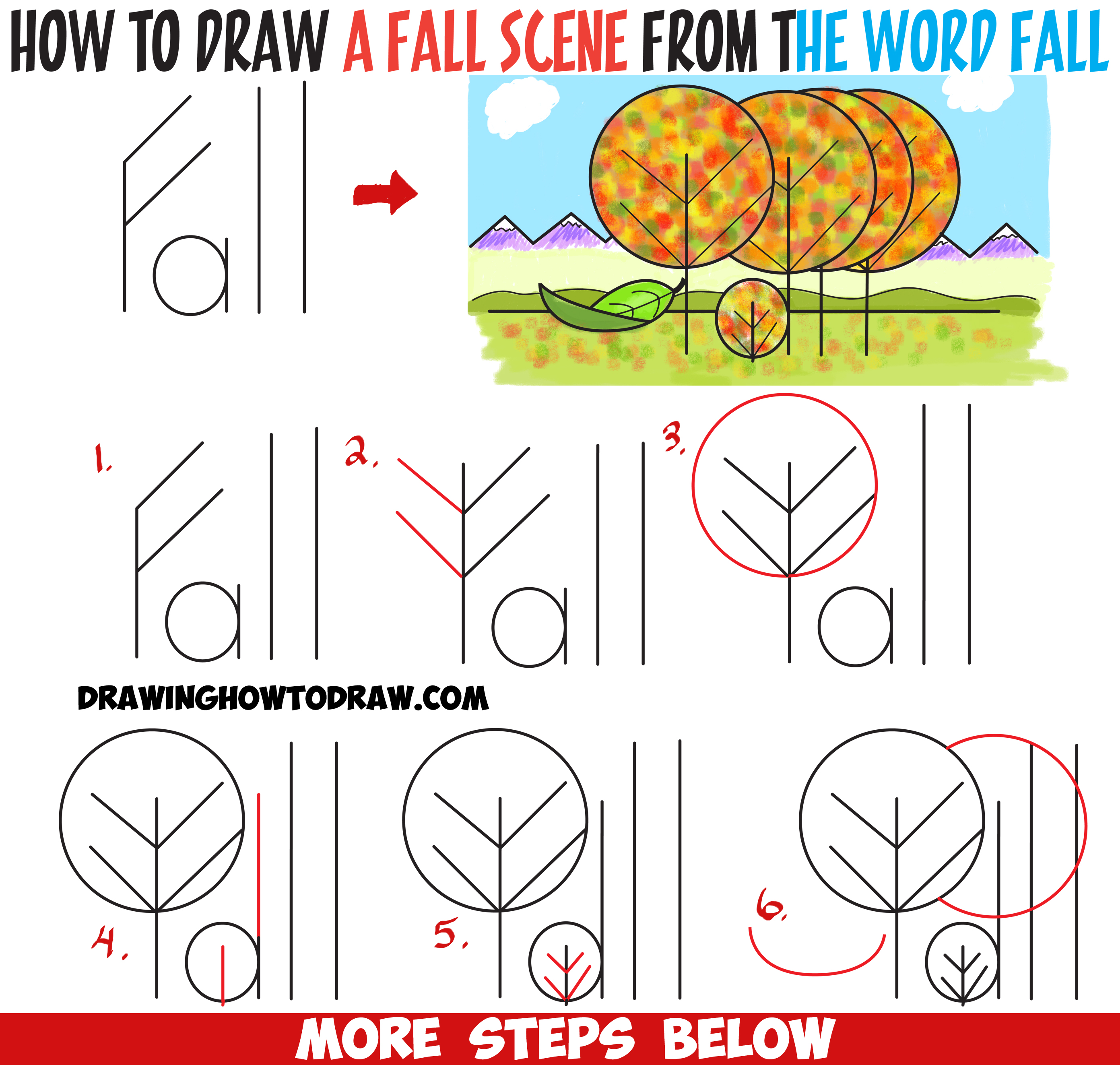 How to Draw Fall / Autumn Scene from the Word "Fall" Easy Cartoon
