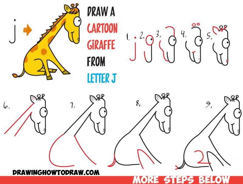 How to Draw a Cartoon Giraffe from Lowercase Letter j Shape in Easy ...