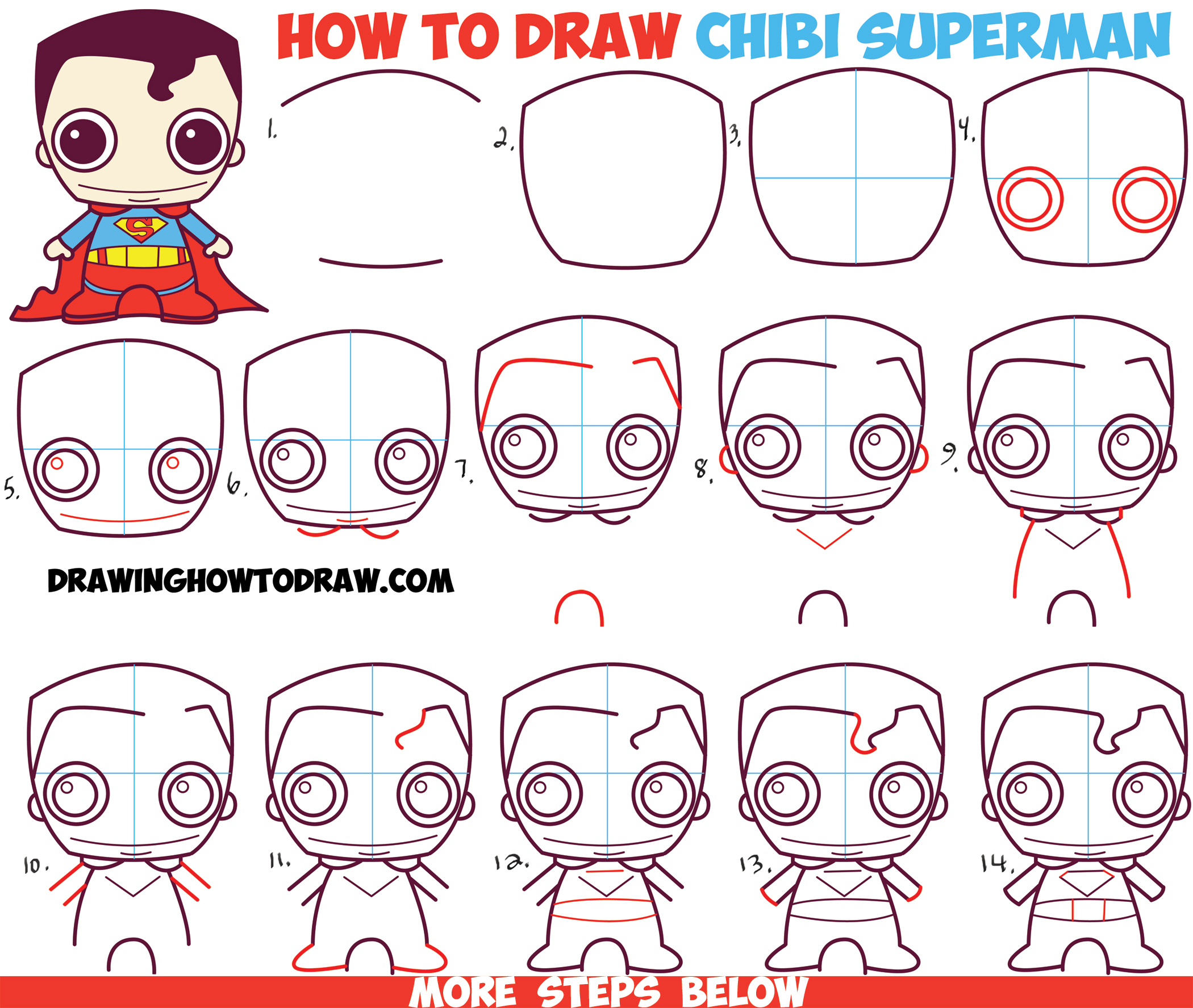 How To Draw a Cute Cartoon Superman - EASY Chibi - Step By Step - Kawaii -  YouTube