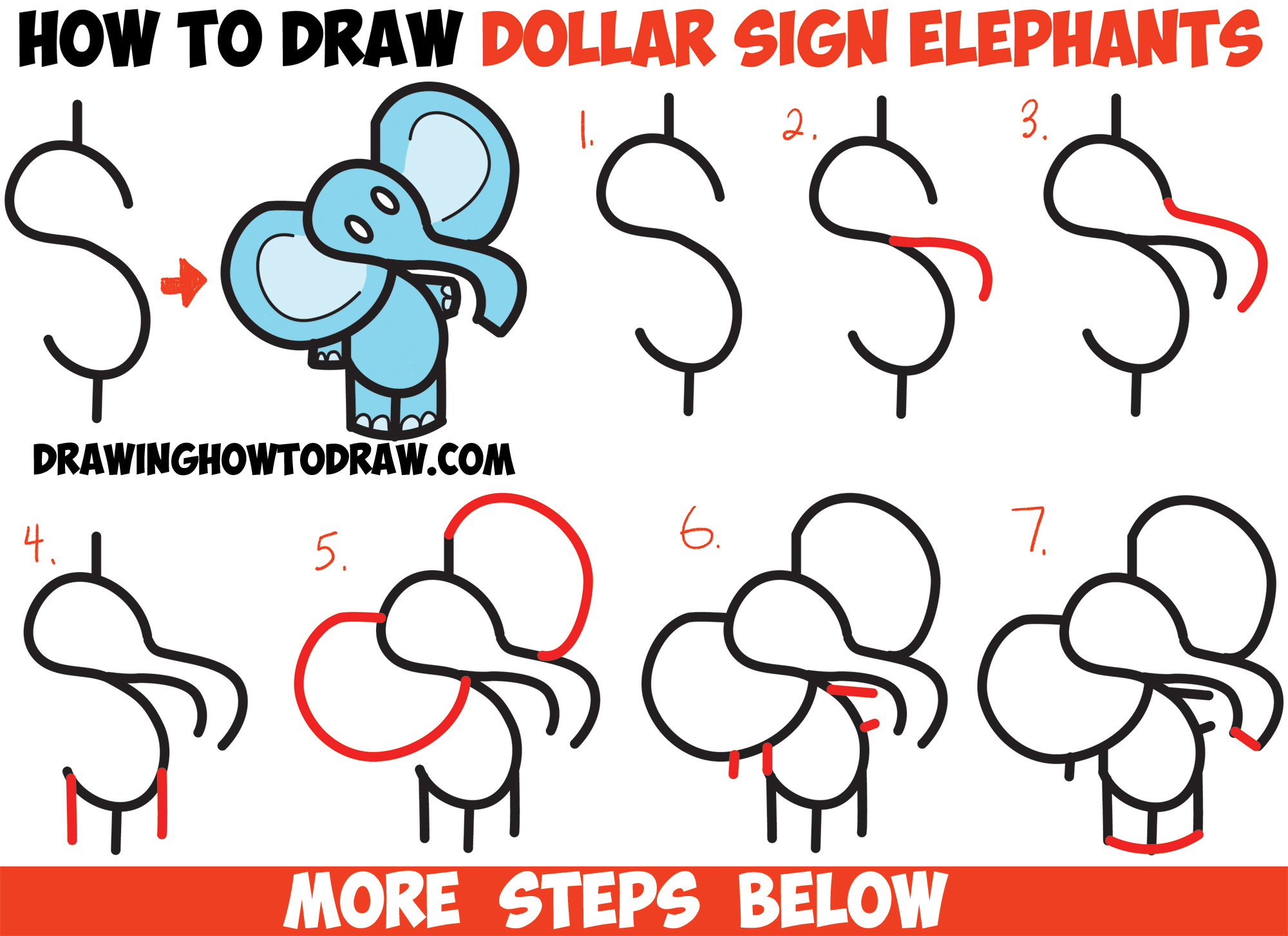 How to Draw Cartoon Elephant from the Dollar Sign Easy
