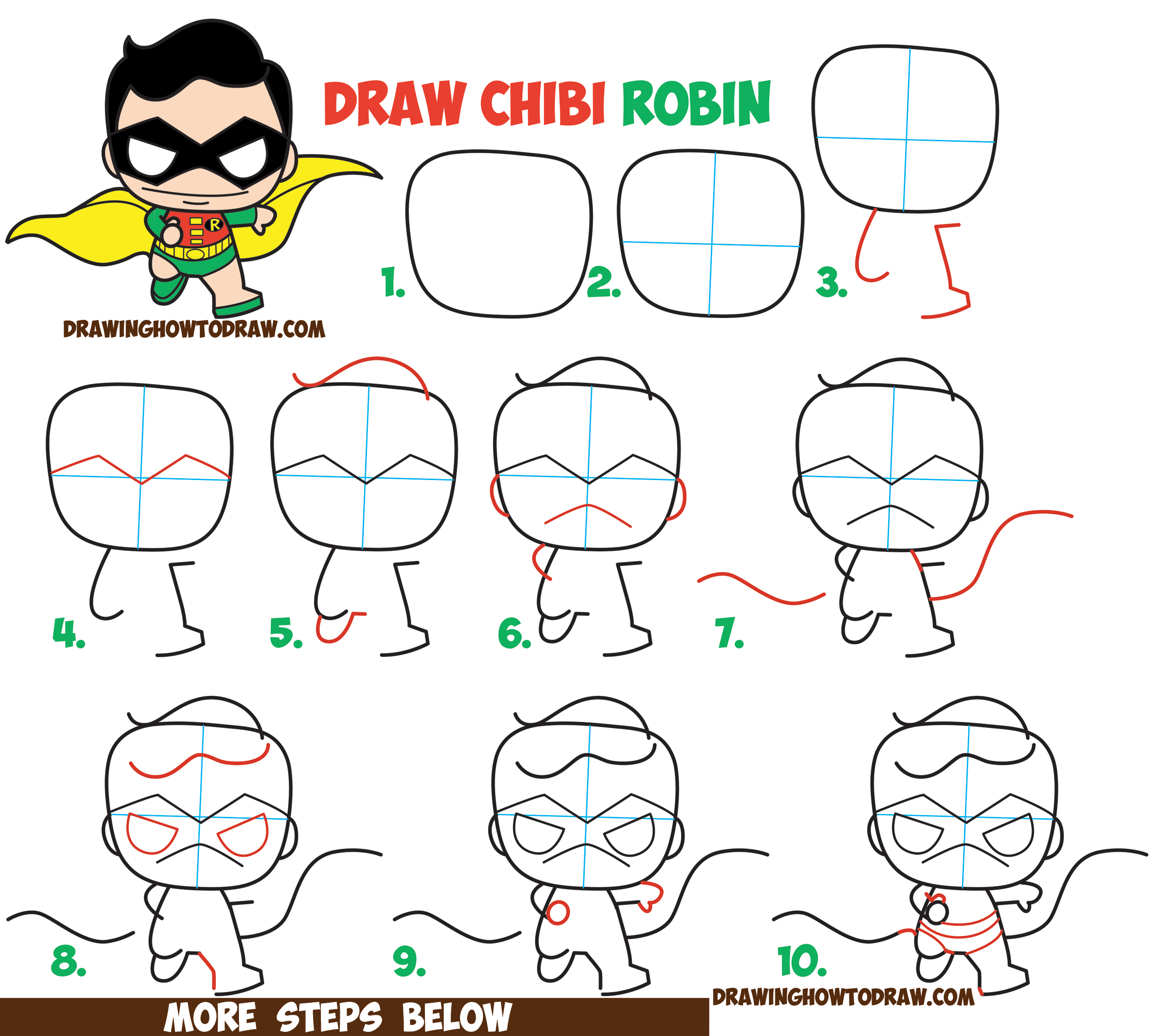 How to Draw Cute / Kawaii / Chibi Robin from DC Comics' Batman & Robin