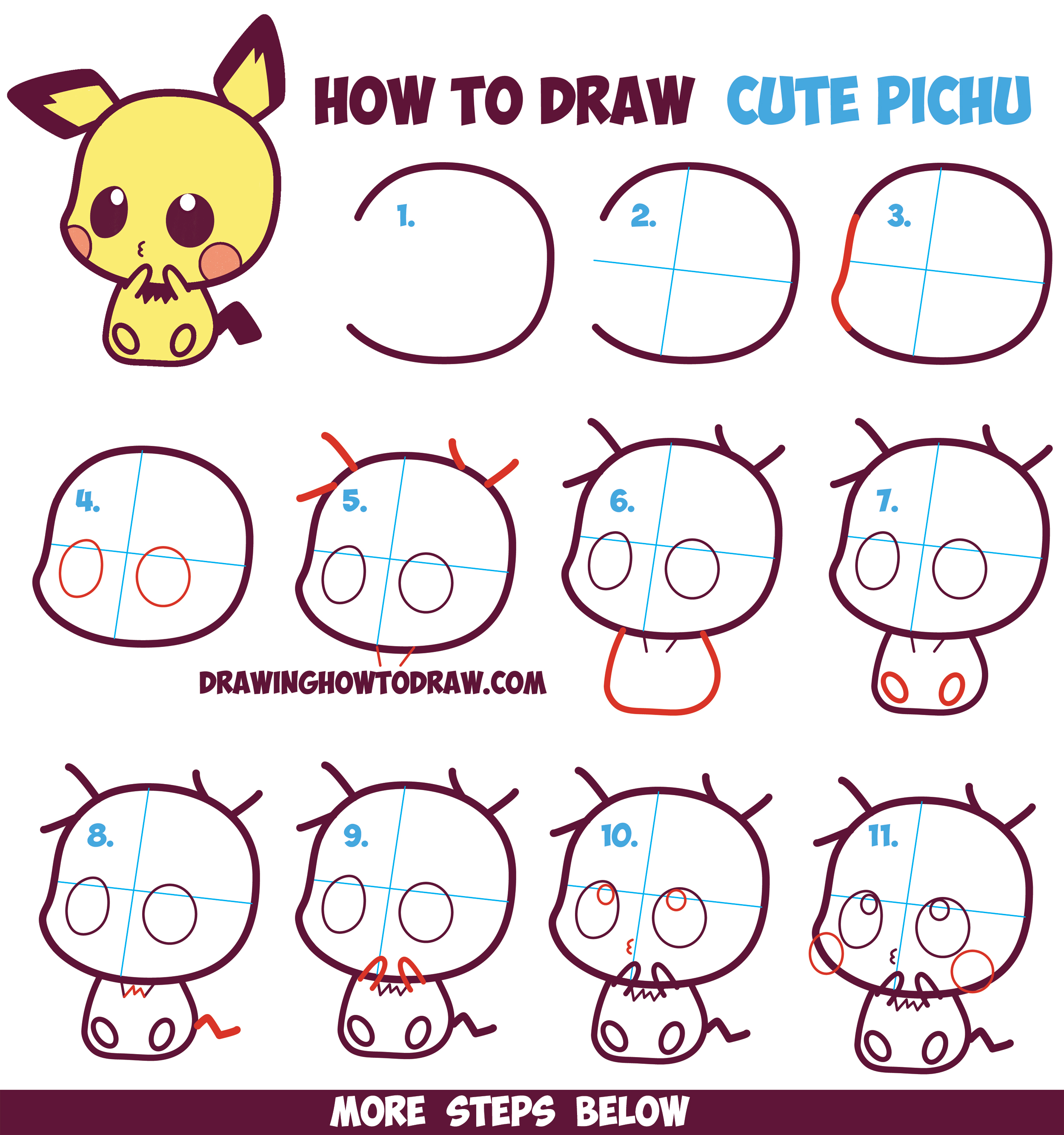 How to Draw Cute / Kawaii / Chibi Pichu from Pokemon in Easy Step by