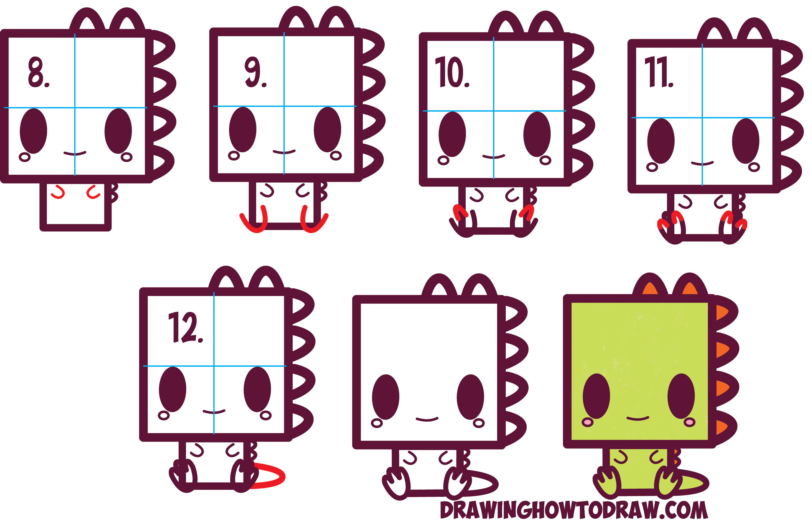 How to Draw Cute / Kawaii / Cartoon Baby Dinosaur from Squares with