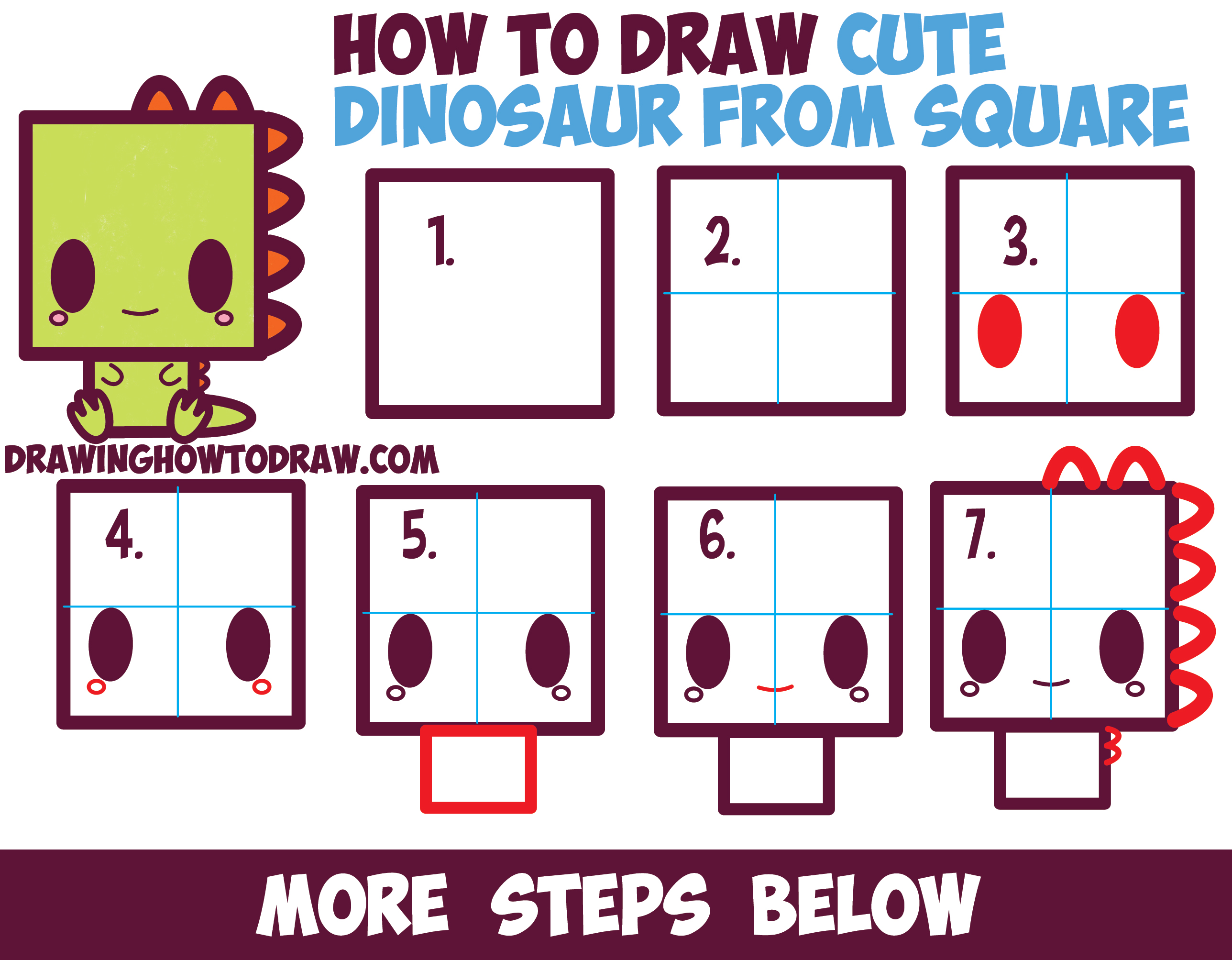 How to Draw Cute / Kawaii / Cartoon Baby Dinosaur from Squares ...