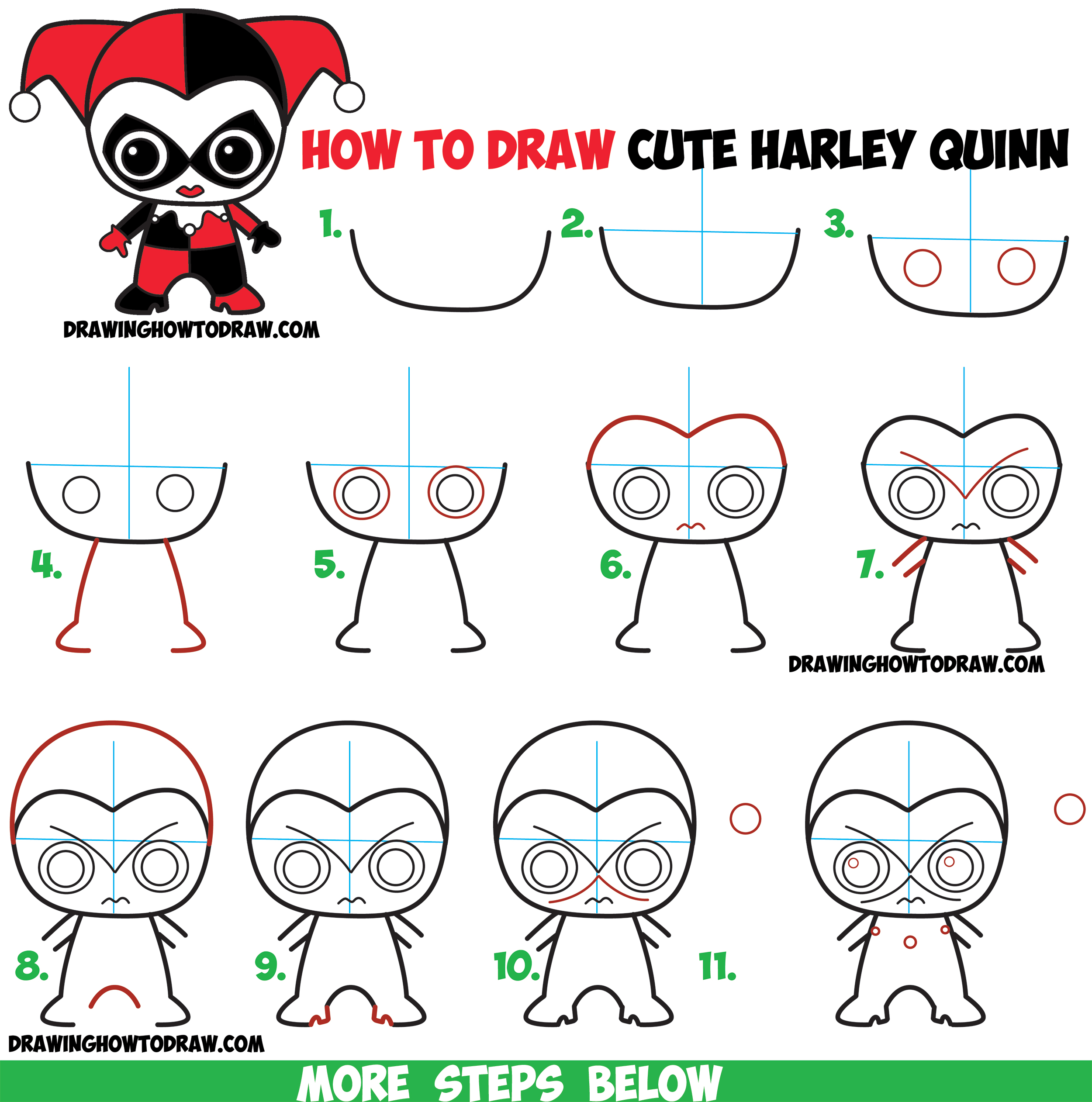How To Draw Cute Chibi Harley Quinn From Dc Comics In Easy Step By Step Drawing Tutorial For Kids Beginners How To Draw Step By Step Drawing Tutorials