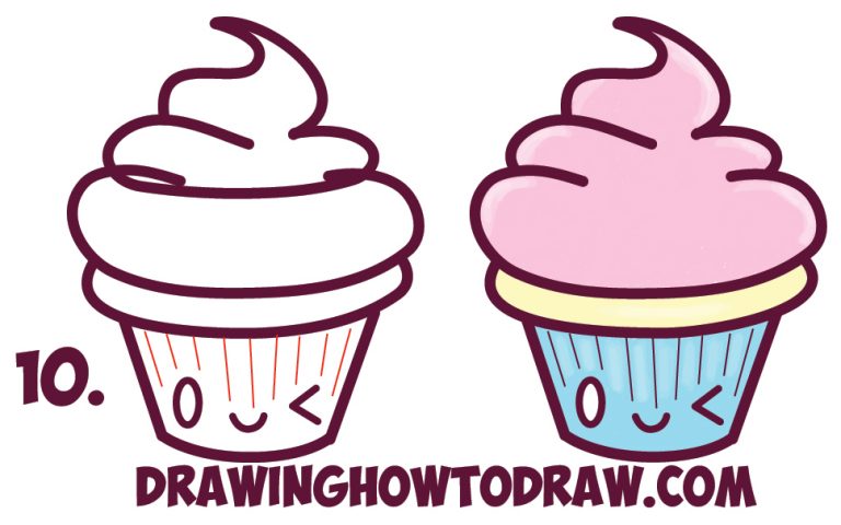 How To Draw Cute Kawaii Cupcake With Face On It – Easy Step By Step ...