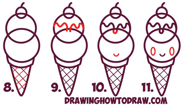 How to Draw Cute Kawaii Ice Cream Cone with Face on It – Easy Step by ...