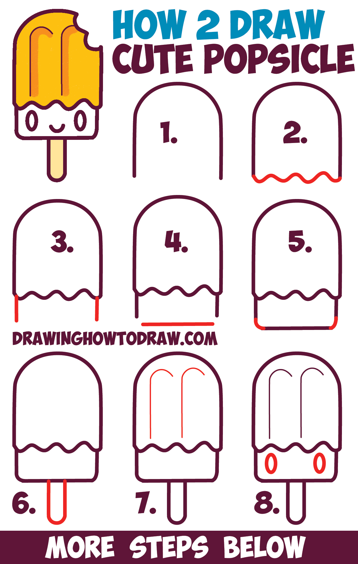 How to Draw Cute Kawaii Popsicle / Creamsicle with Face on It - Easy