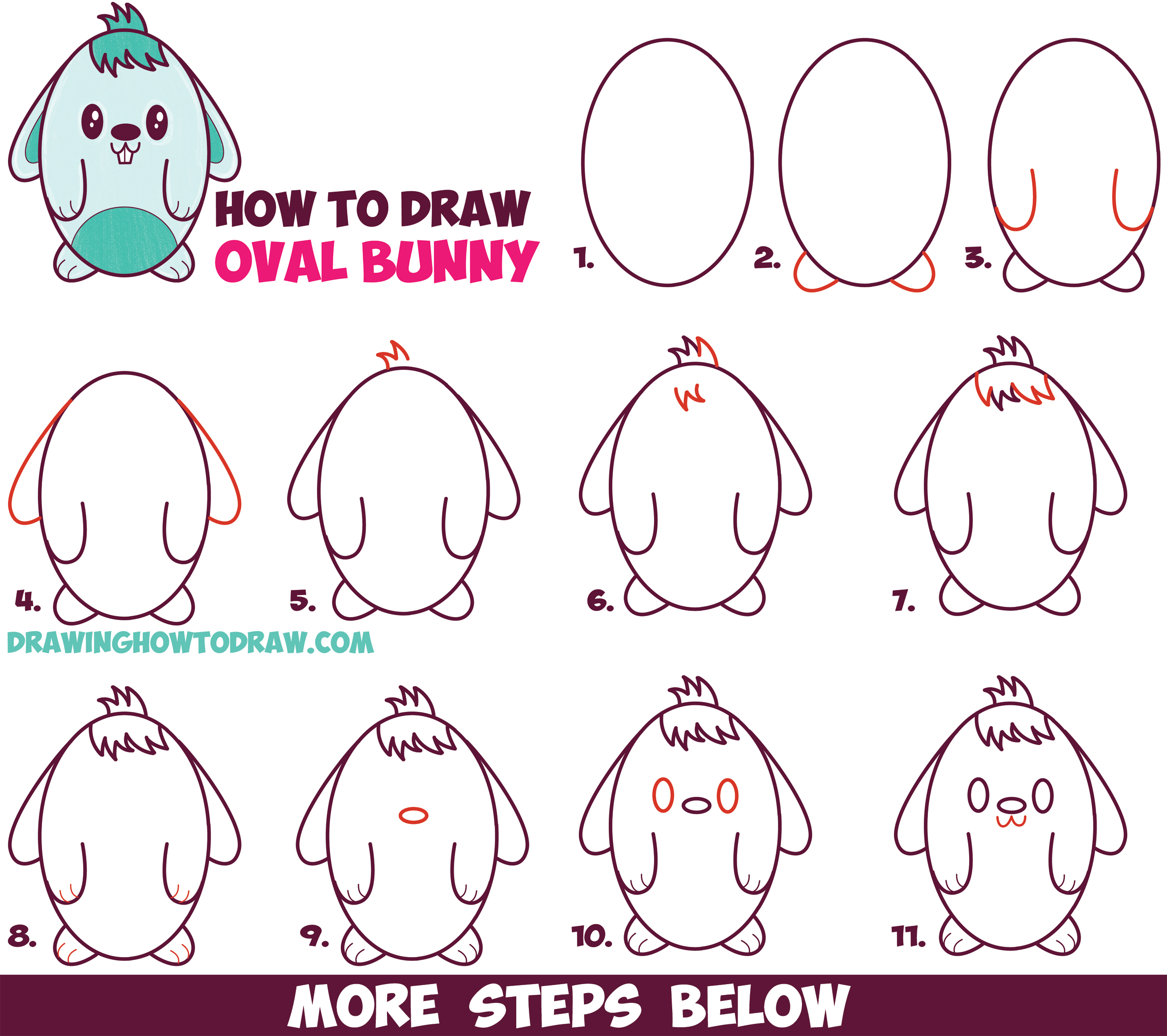 How to Draw a Cute Cartoon Bunny Rabbit from an Oval – Easy Step by ...