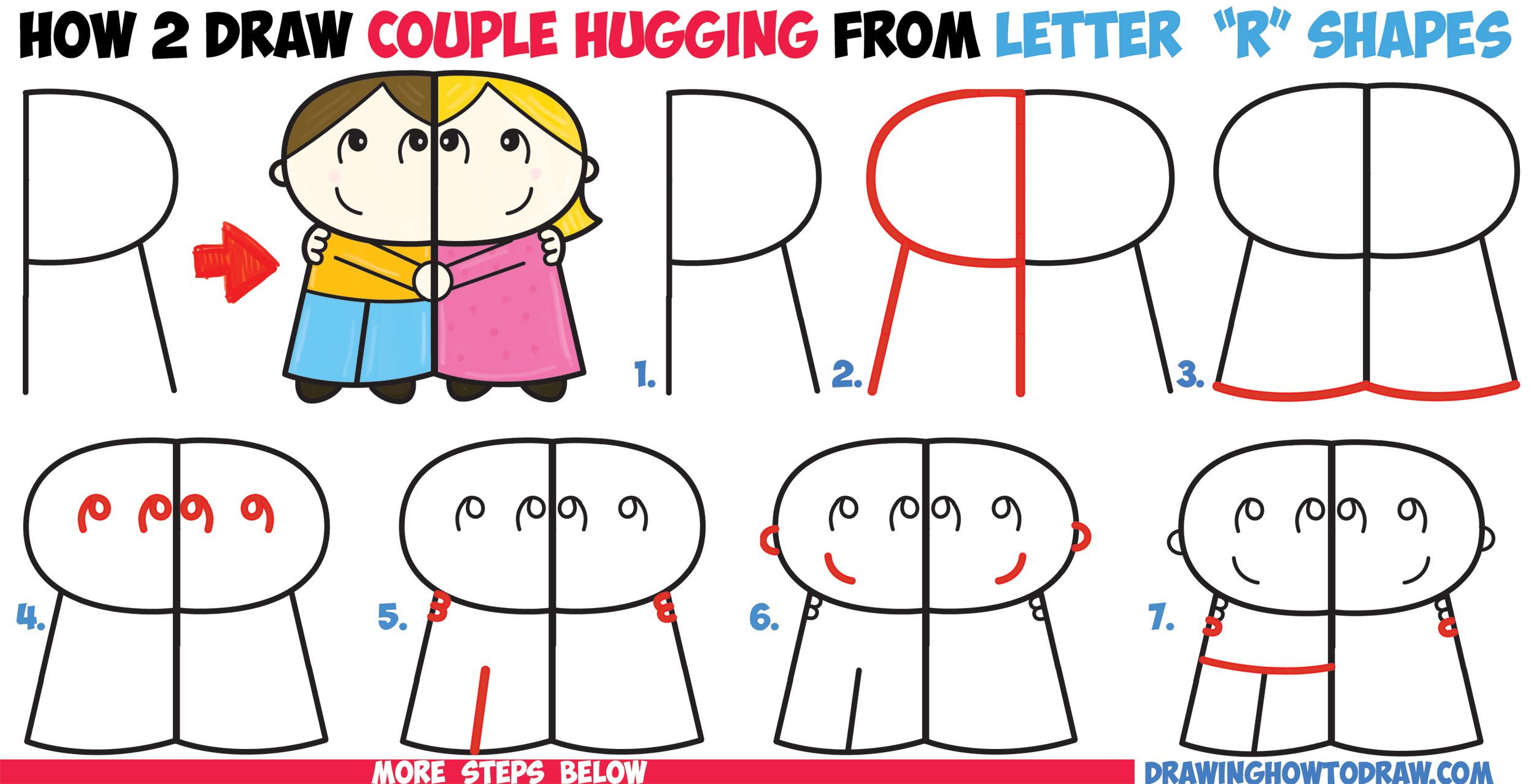 How To Draw Cartoon Couple Girl And Boy Hugging From Letter R Shapes Easy Step By Step Drawing Tutorial For Kids How To Draw Step By Step Drawing Tutorials